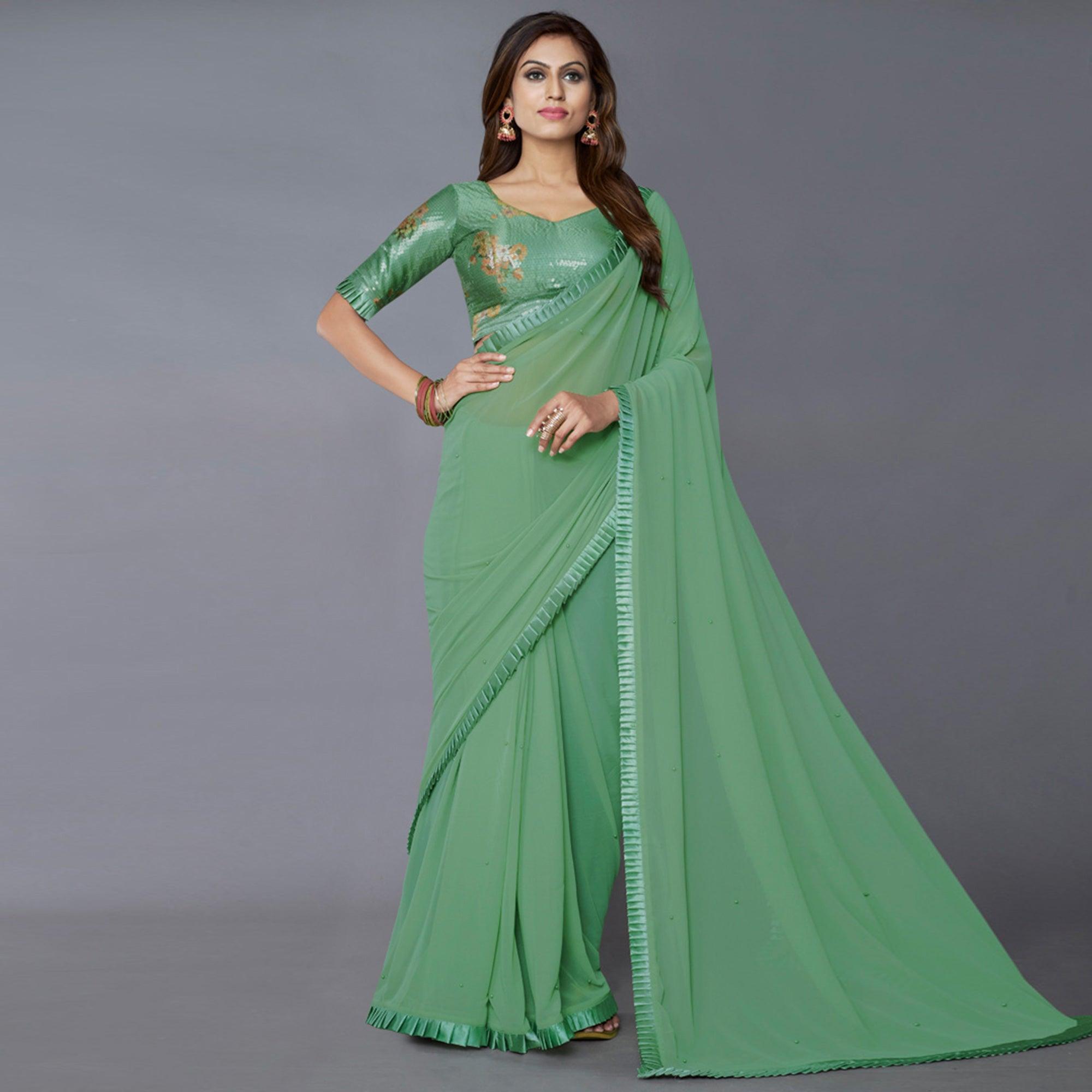 Green Solid Georgette Saree - Peachmode