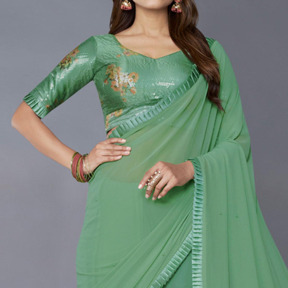 Green Solid Georgette Saree - Peachmode