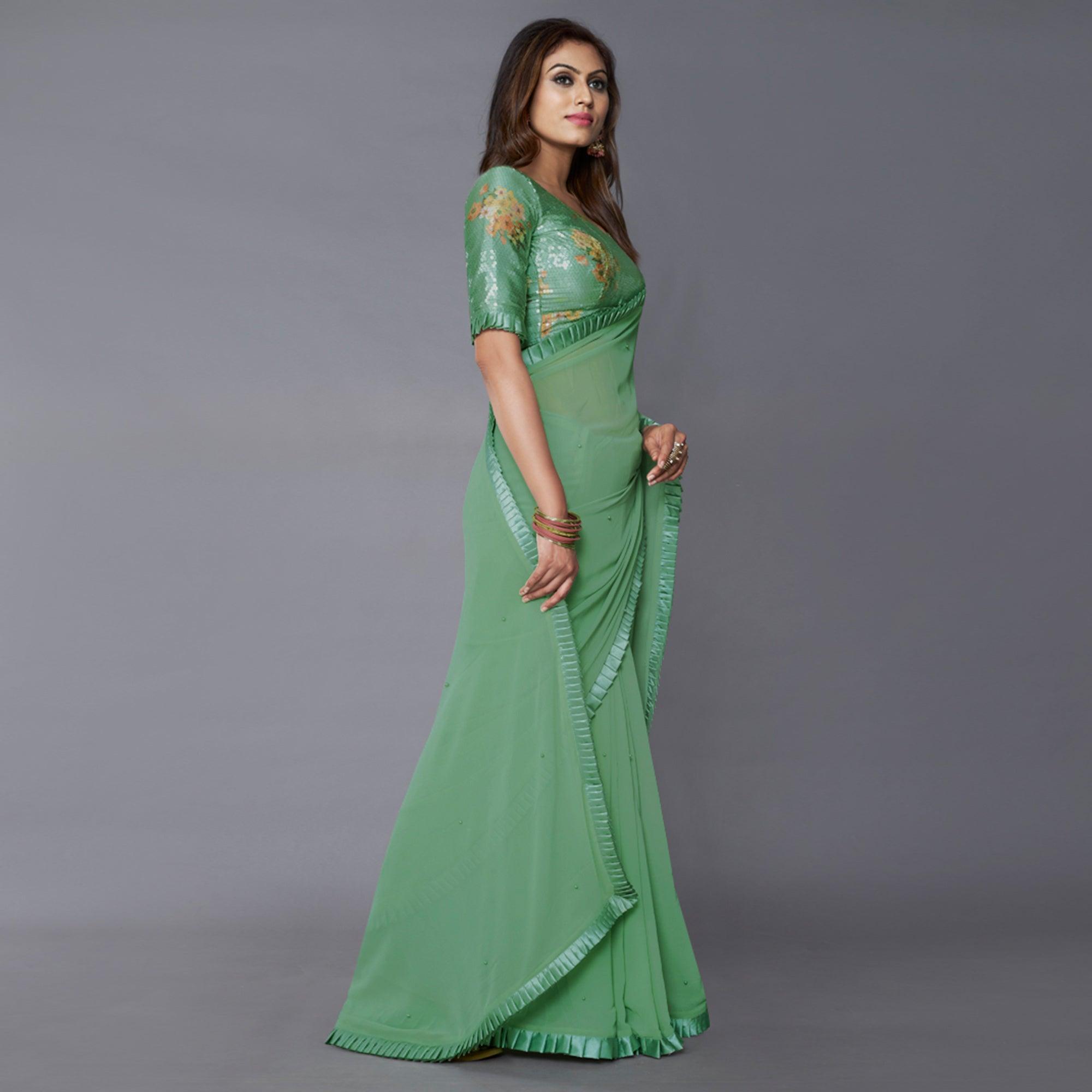 Green Solid Georgette Saree - Peachmode