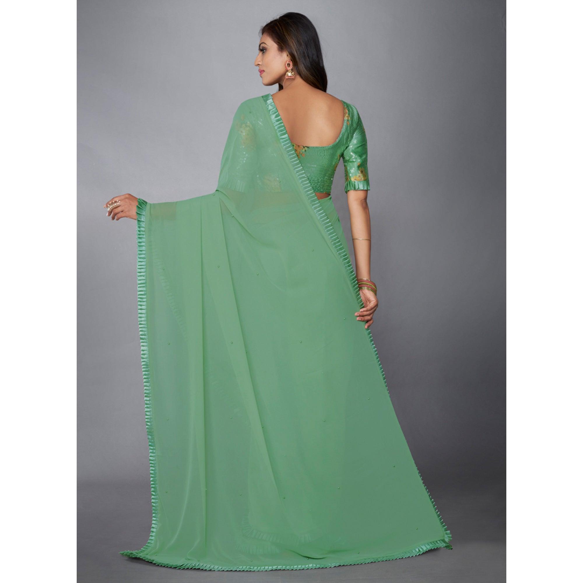 Green Solid Georgette Saree - Peachmode