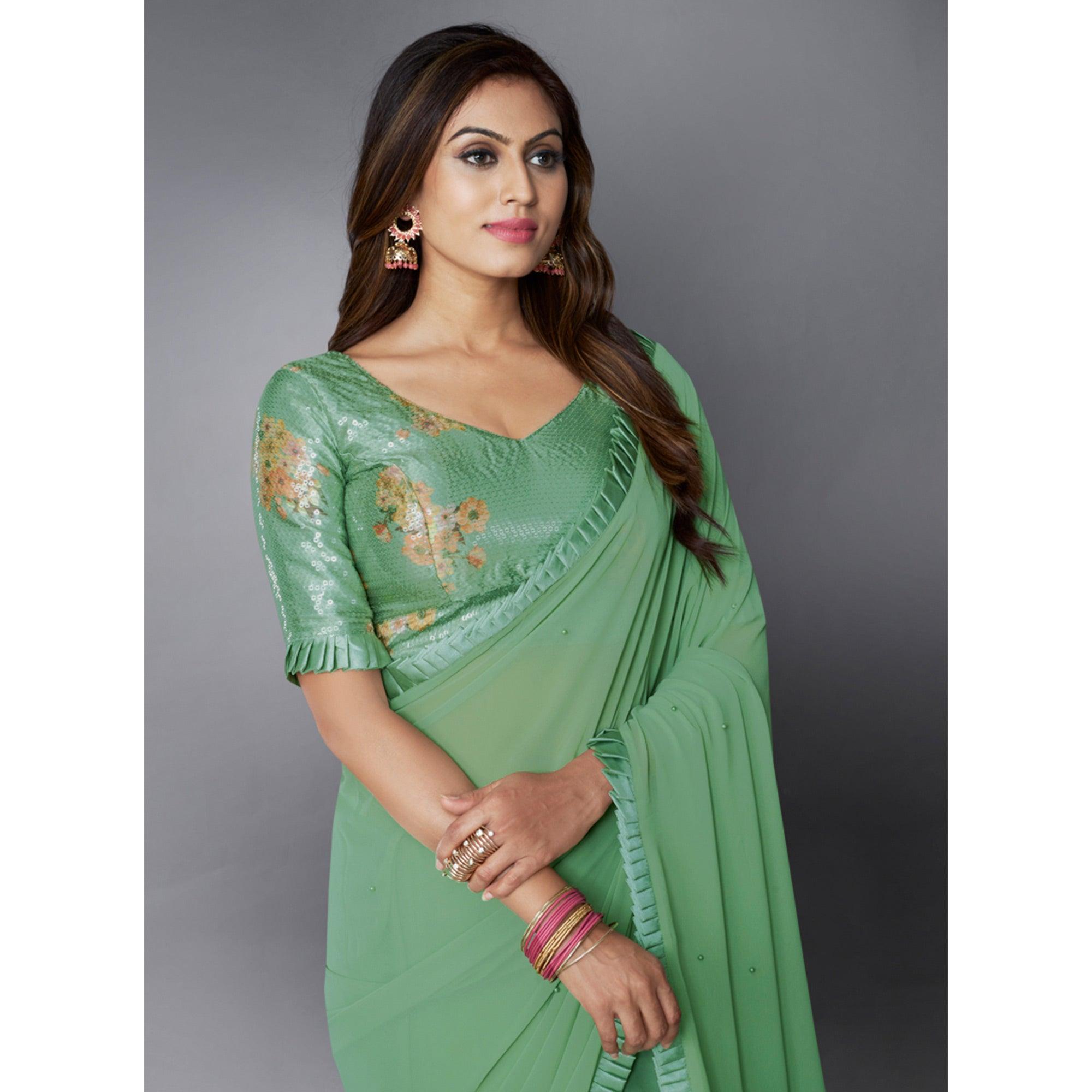 Green Solid Georgette Saree - Peachmode