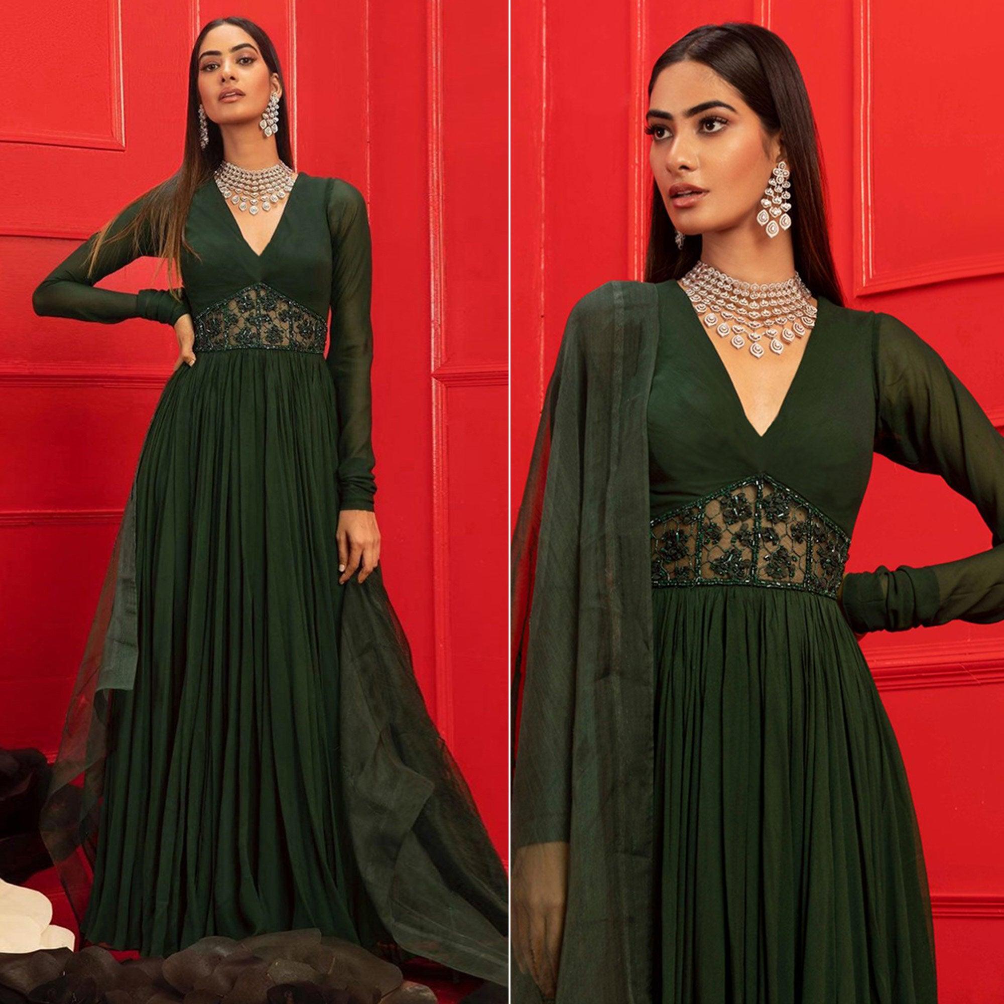 Green Solid-Handwork Georgette Gown With Dupatta - Peachmode