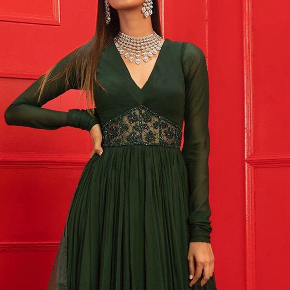 Green Solid-Handwork Georgette Gown With Dupatta - Peachmode