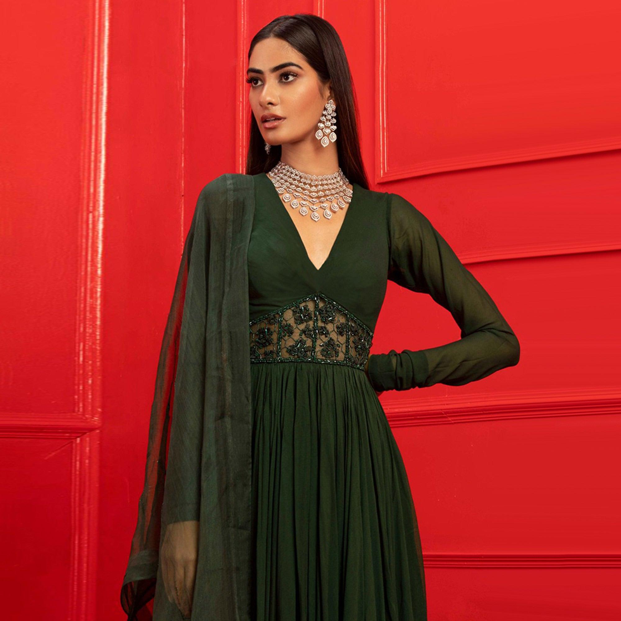 Green Solid-Handwork Georgette Gown With Dupatta - Peachmode