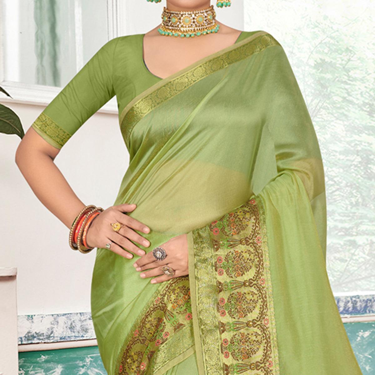 Green Solid Organza Saree - Peachmode