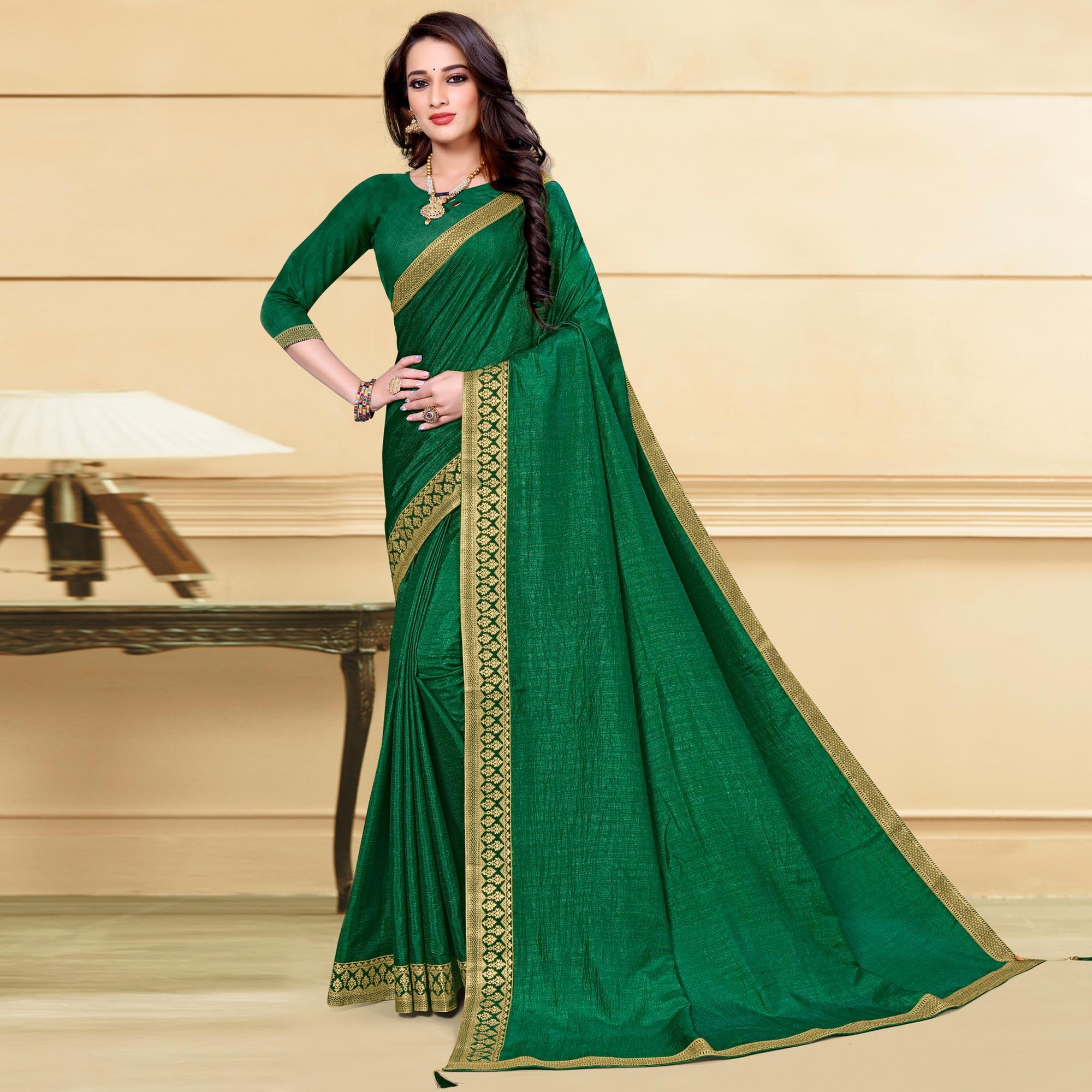Green Solid Vichitra Silk Saree - Peachmode