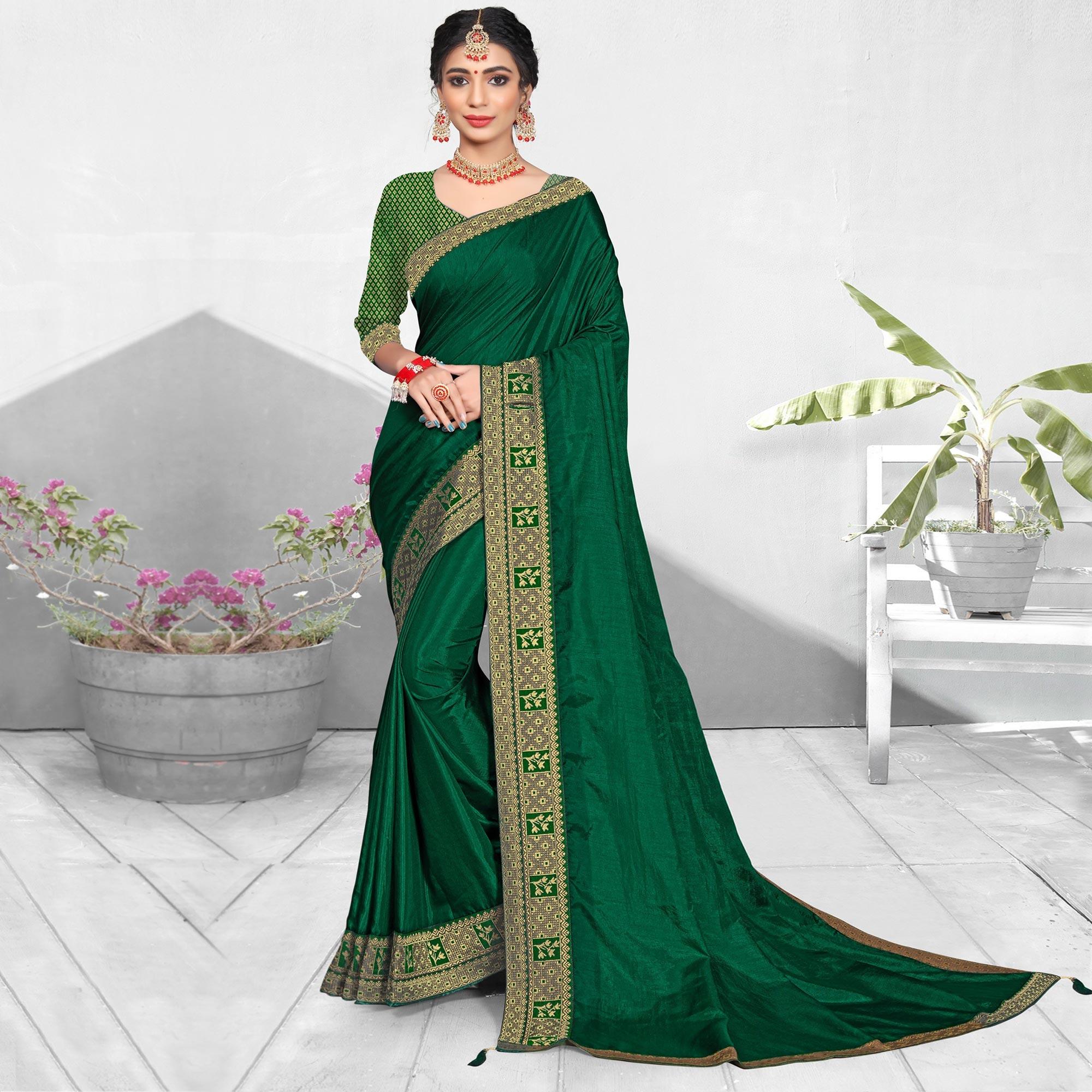 Green Solid Vichitra Silk Saree - Peachmode
