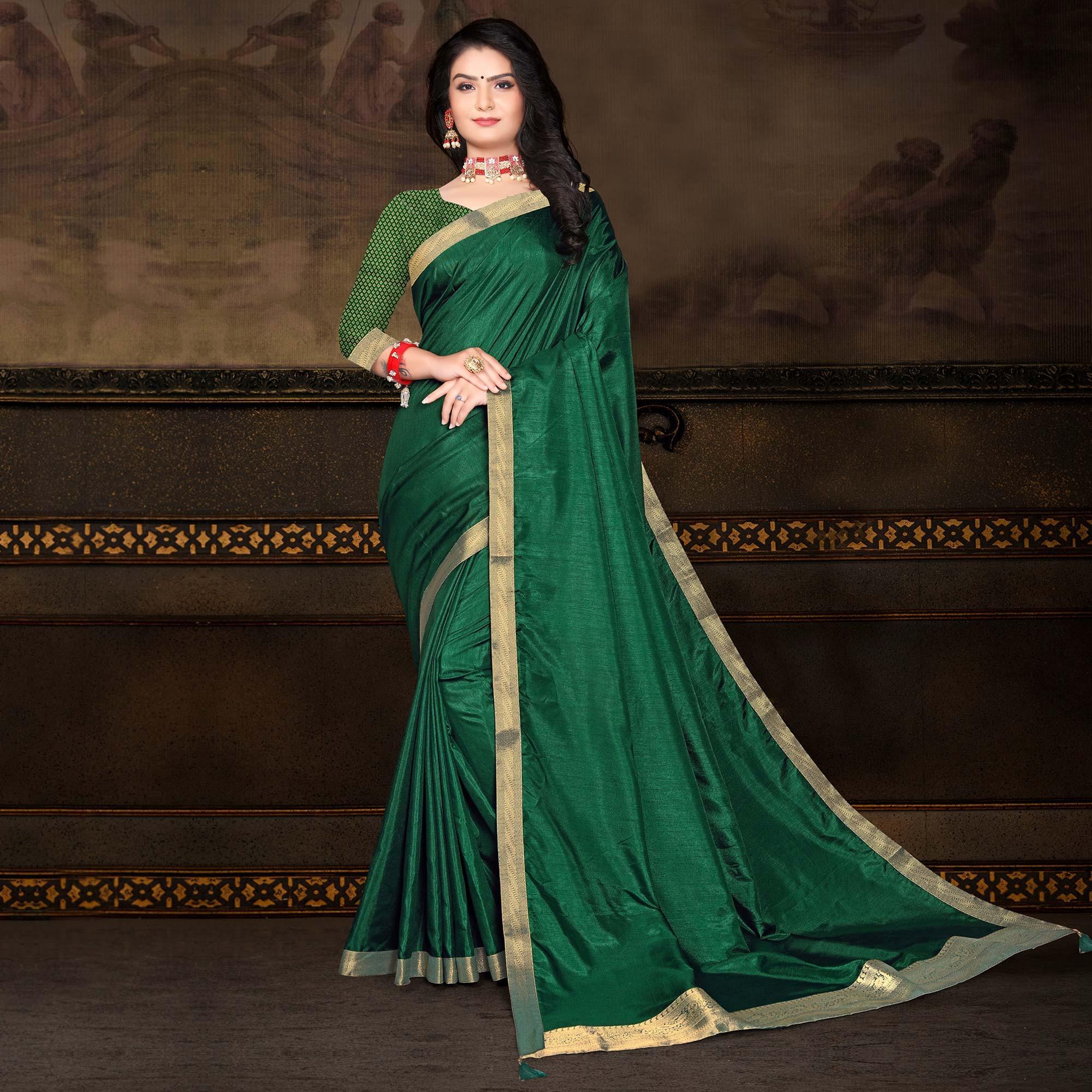 Green Solid Vichitra Silk Saree - Peachmode
