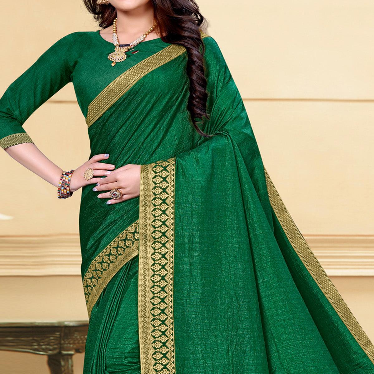 Green Solid Vichitra Silk Saree - Peachmode