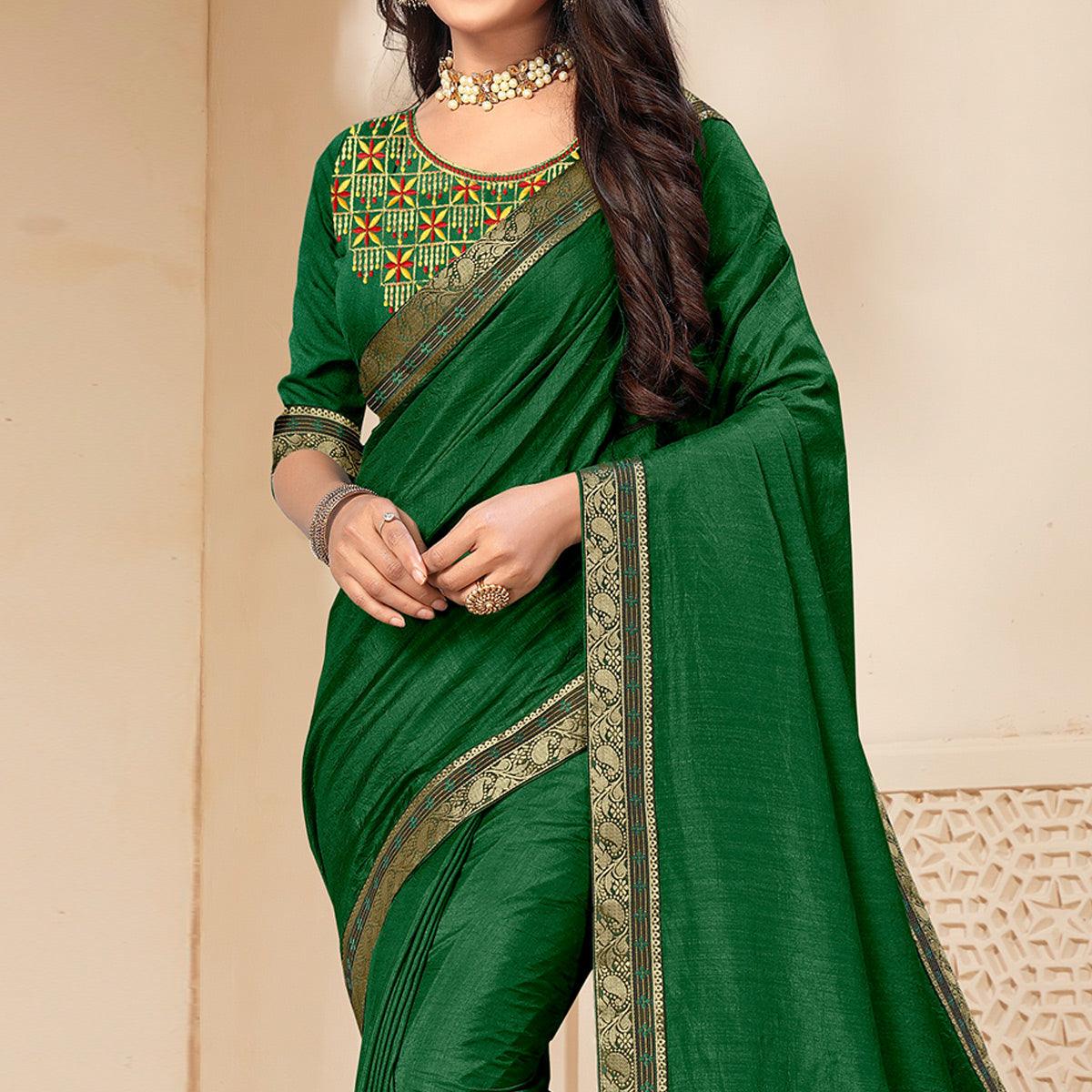 Green Solid Vichitra Silk Saree - Peachmode