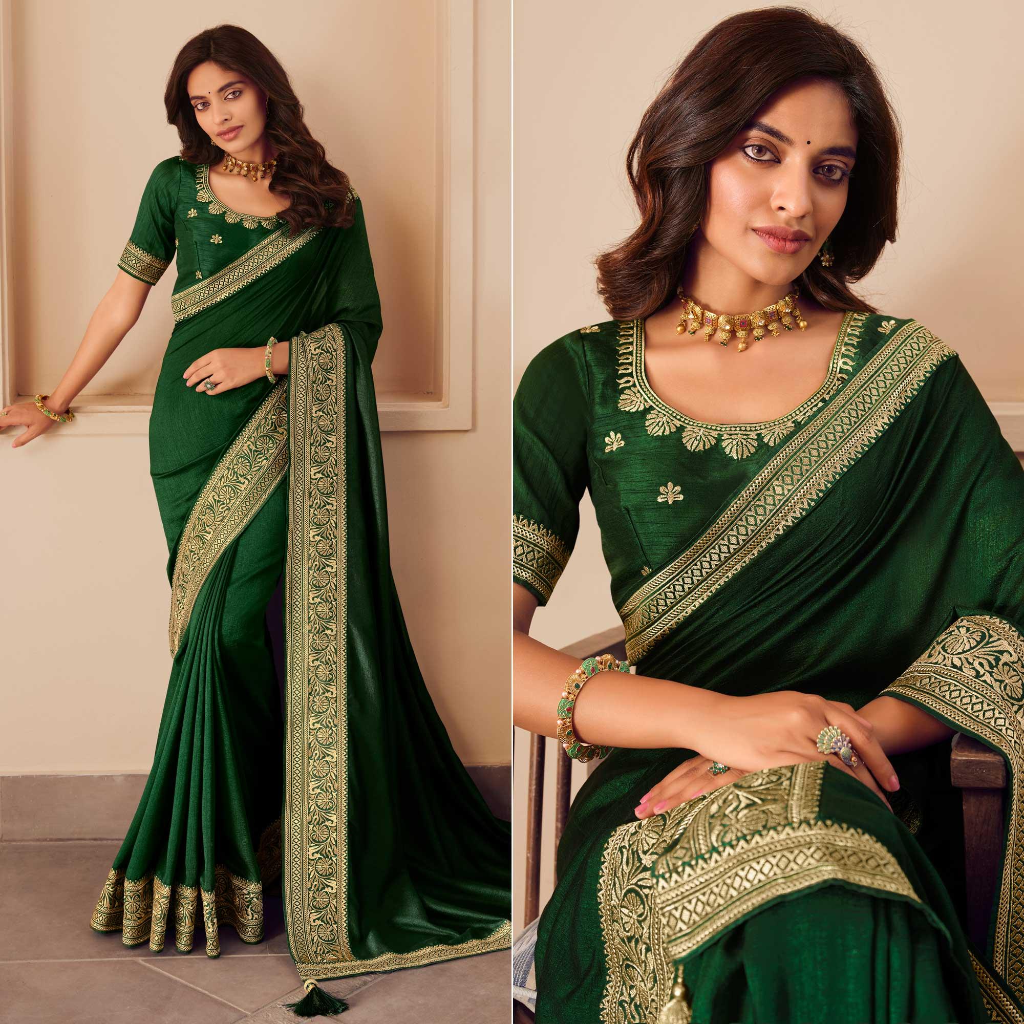 Green Solid Vichitra Silk Saree With Tassels - Peachmode