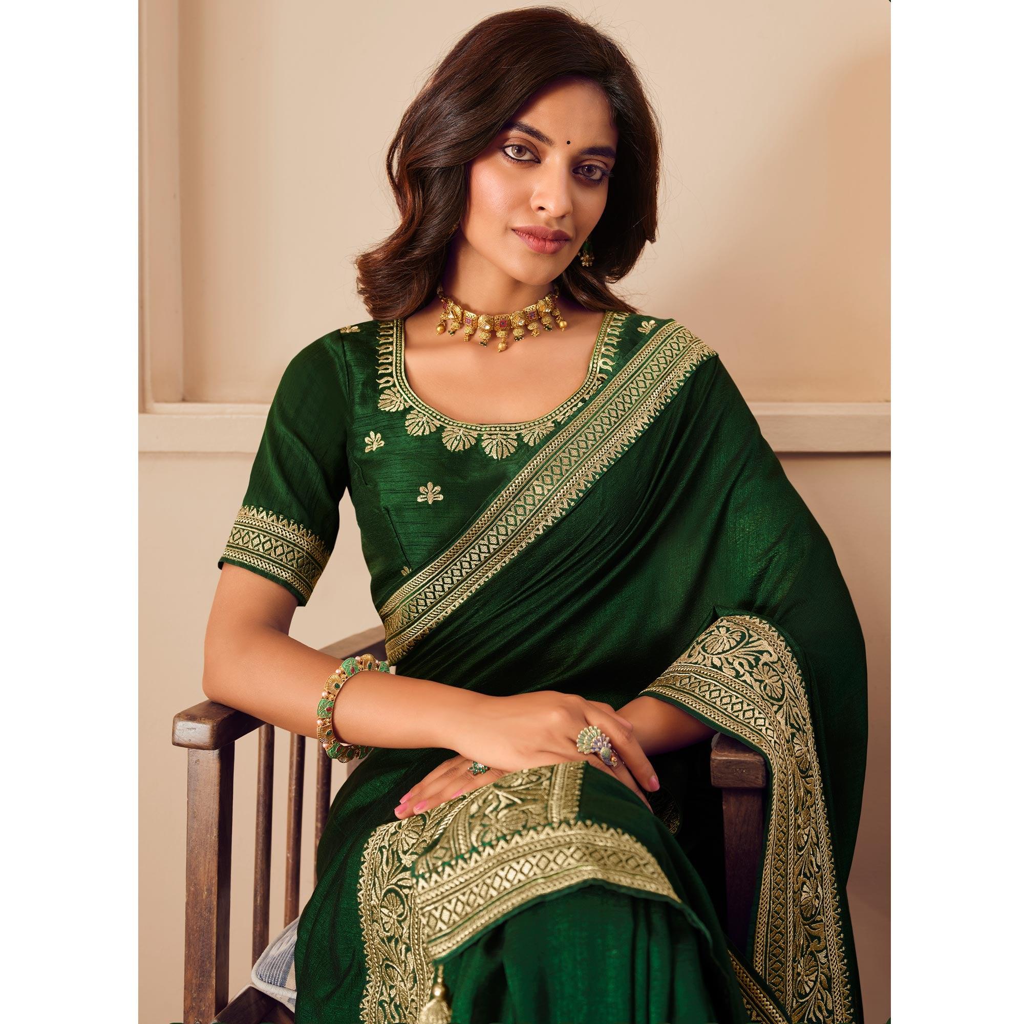 Green Solid Vichitra Silk Saree With Tassels - Peachmode