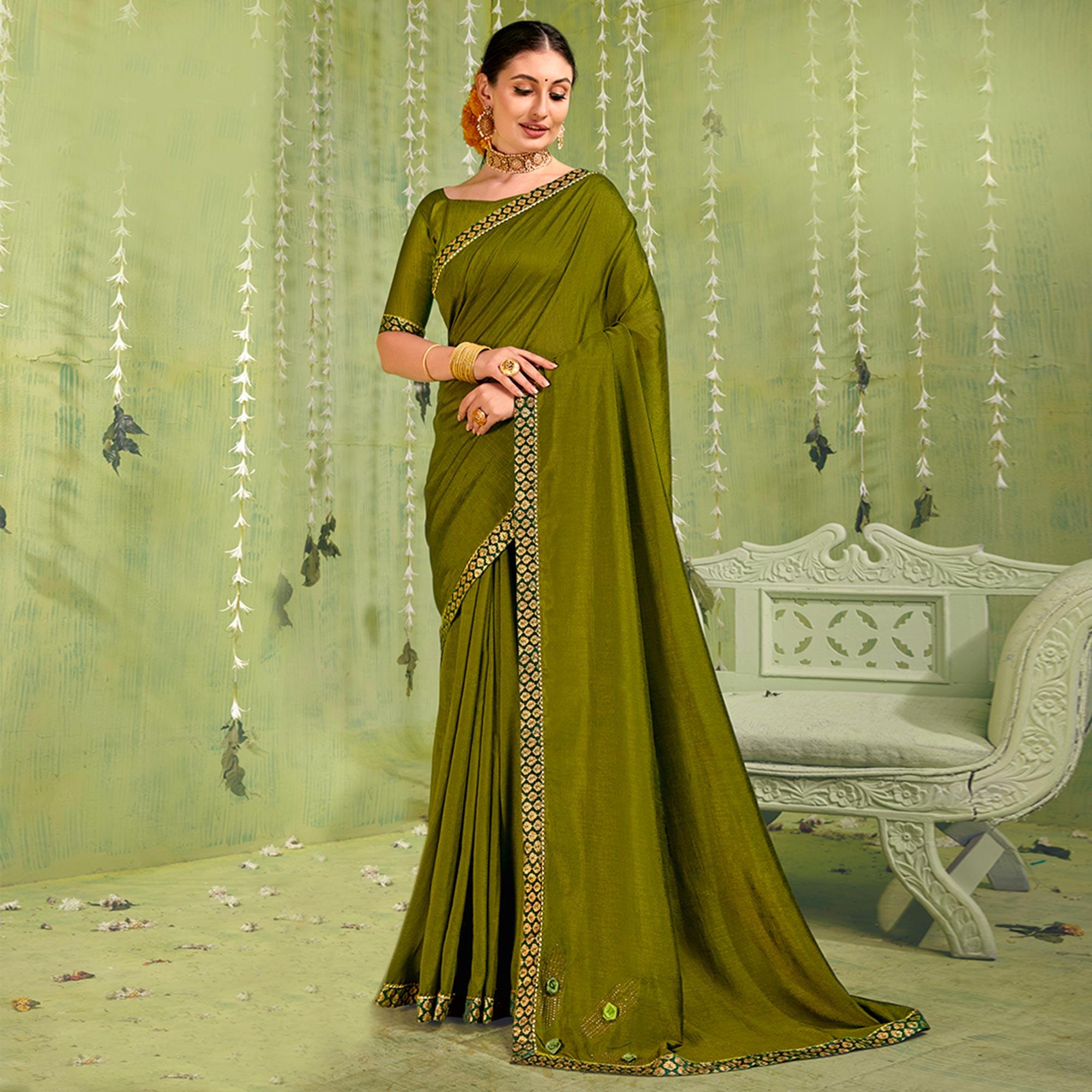 Green Solid With Fancy Border Vichitra Silk Saree - Peachmode