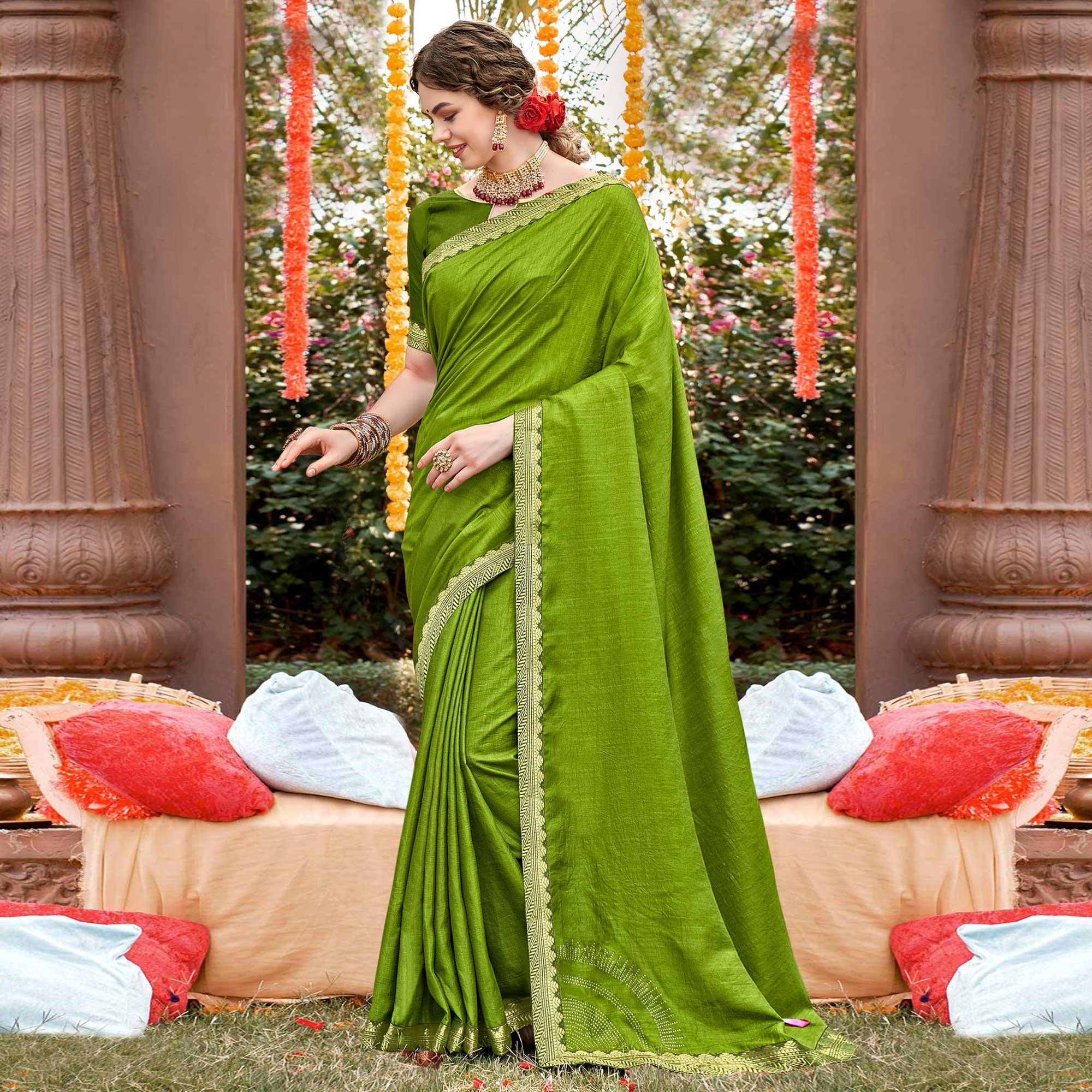 Green Solid With Fancy Border Vichitra Silk Saree - Peachmode