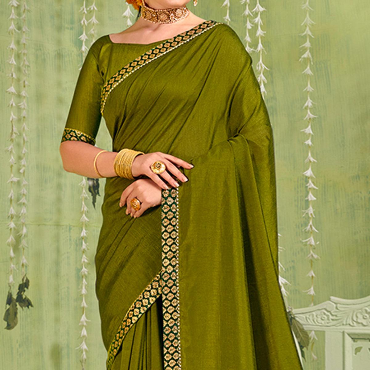 Green Solid With Fancy Border Vichitra Silk Saree - Peachmode