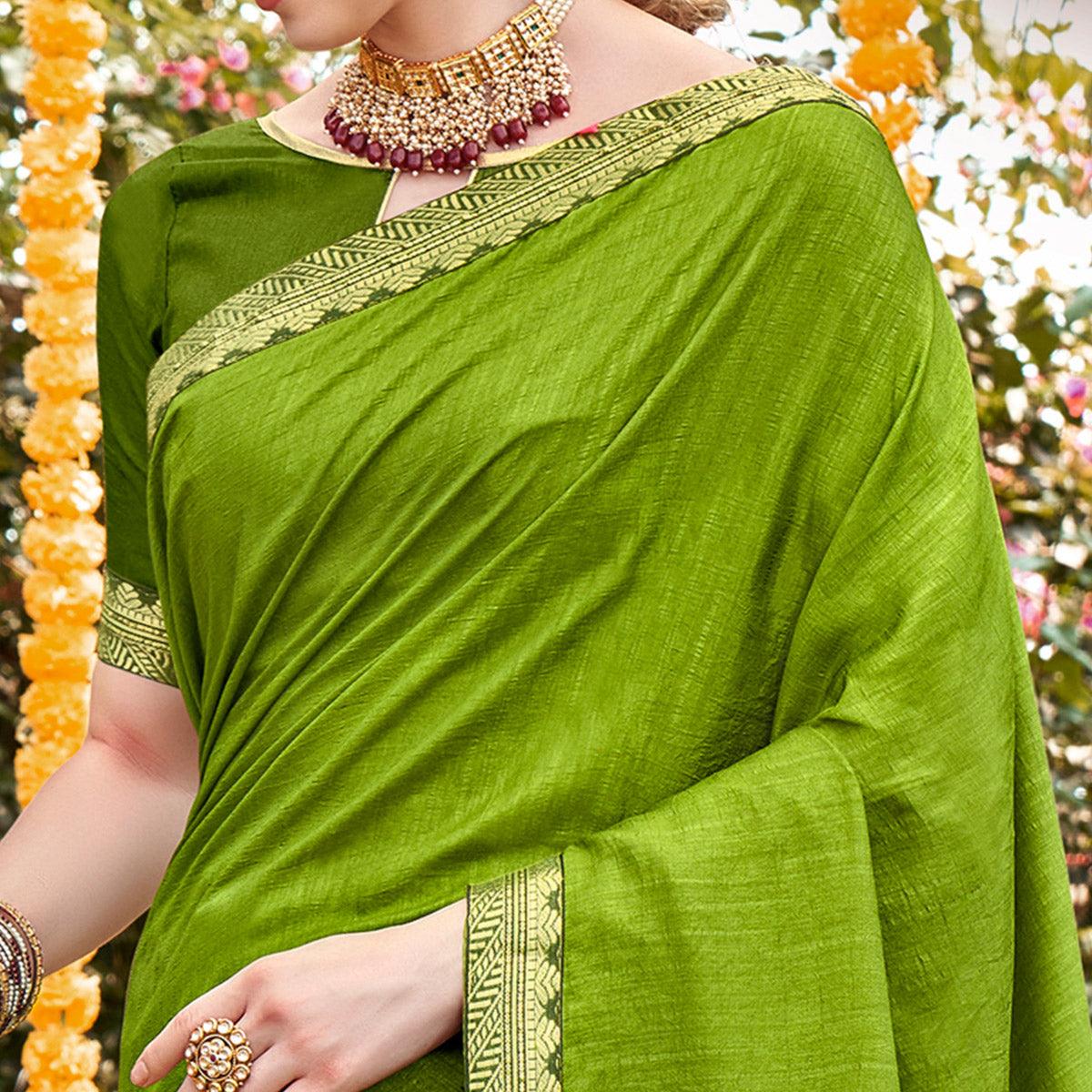 Green Solid With Fancy Border Vichitra Silk Saree - Peachmode