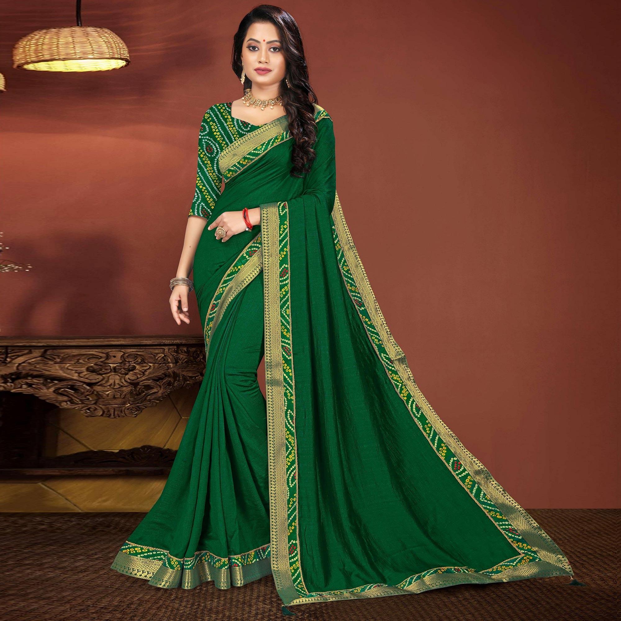 Green Solid With Fancy Border Work Vichitra Silk Saree - Peachmode