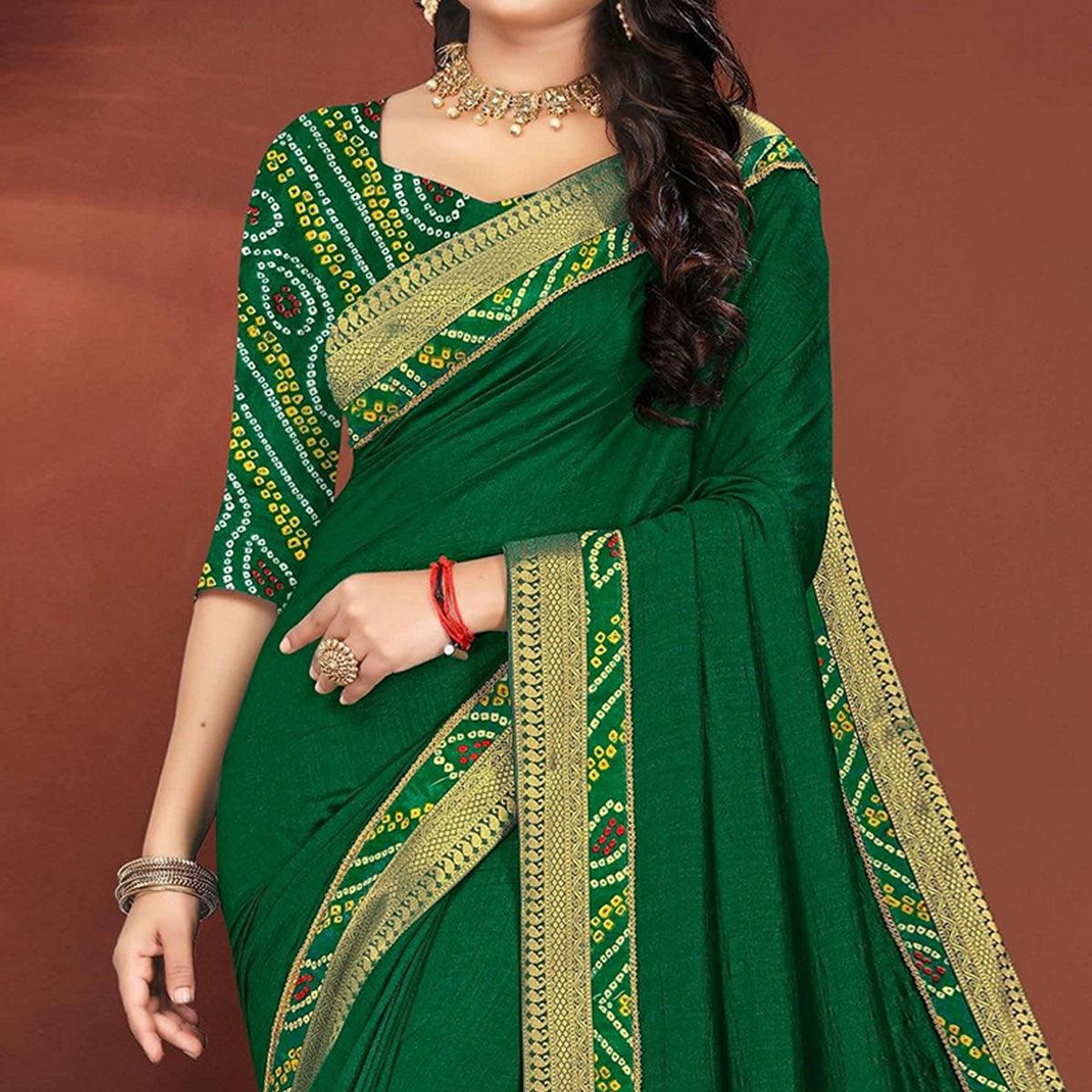 Green Solid With Fancy Border Work Vichitra Silk Saree - Peachmode