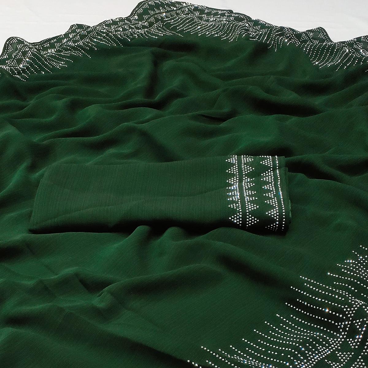 Green Solid With Sequence Work Chiffon Saree - Peachmode