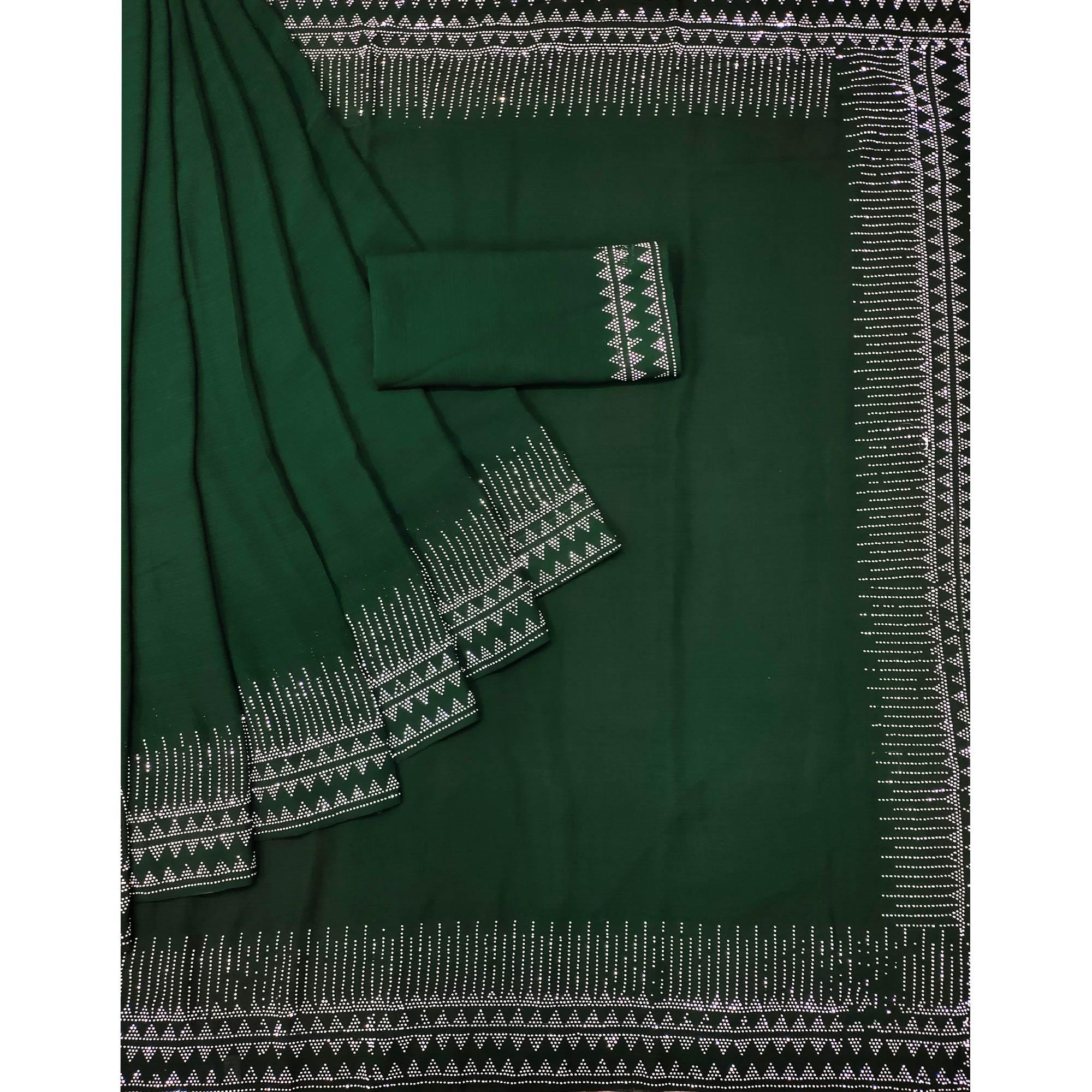 Green Solid With Sequence Work Chiffon Saree - Peachmode