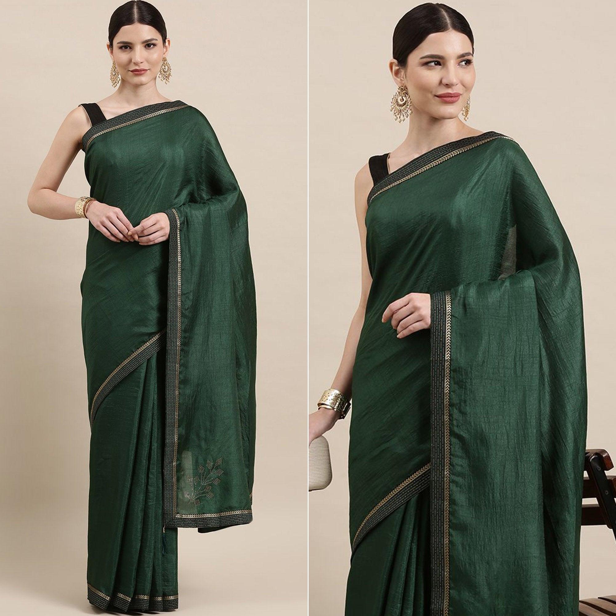Green Solid With Woven Border Art Silk Saree - Peachmode