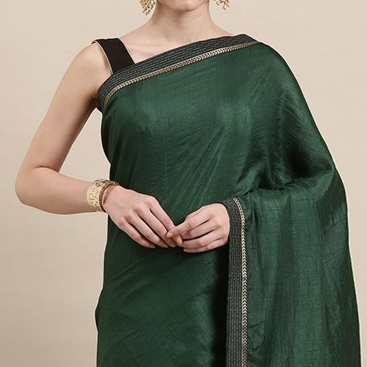 Green Solid With Woven Border Art Silk Saree - Peachmode