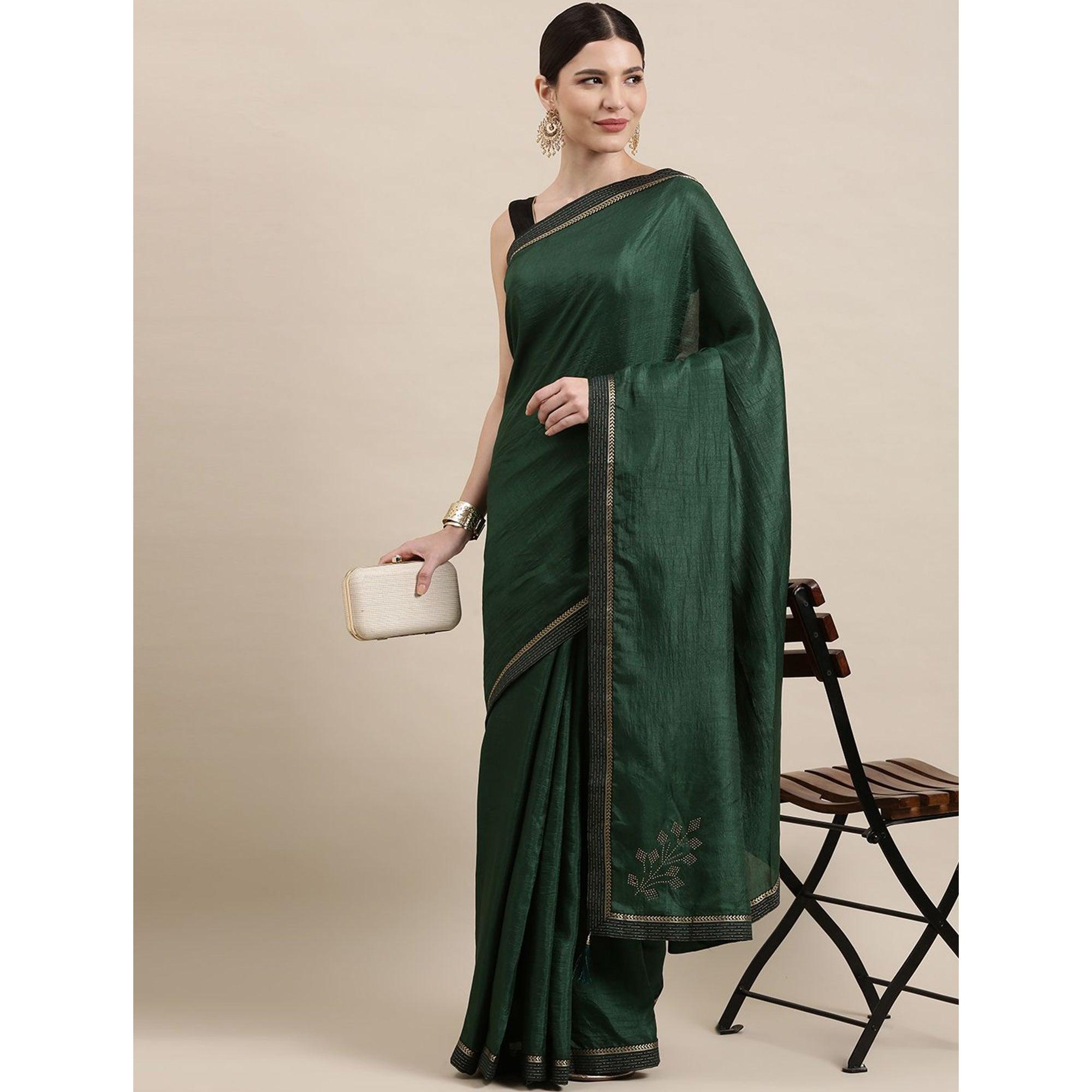 Green Solid With Woven Border Art Silk Saree - Peachmode