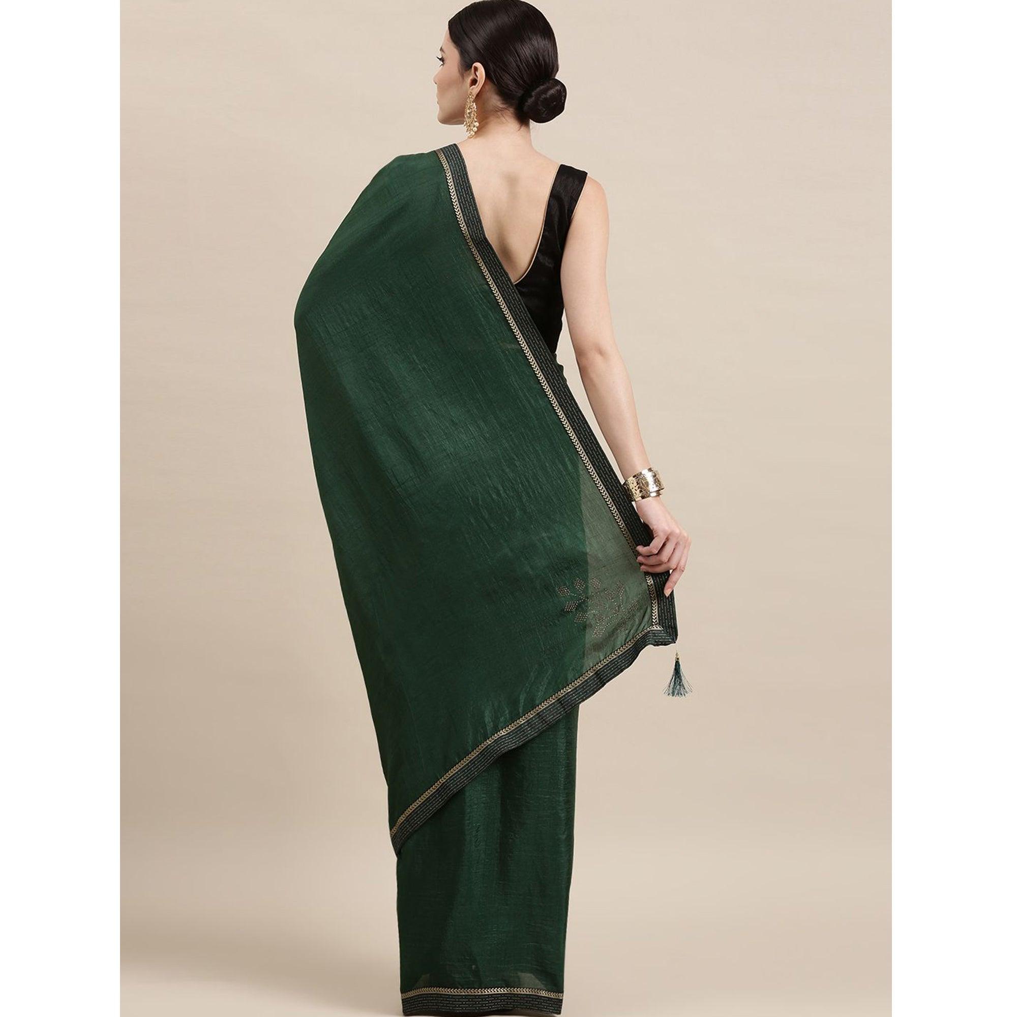 Green Solid With Woven Border Art Silk Saree - Peachmode
