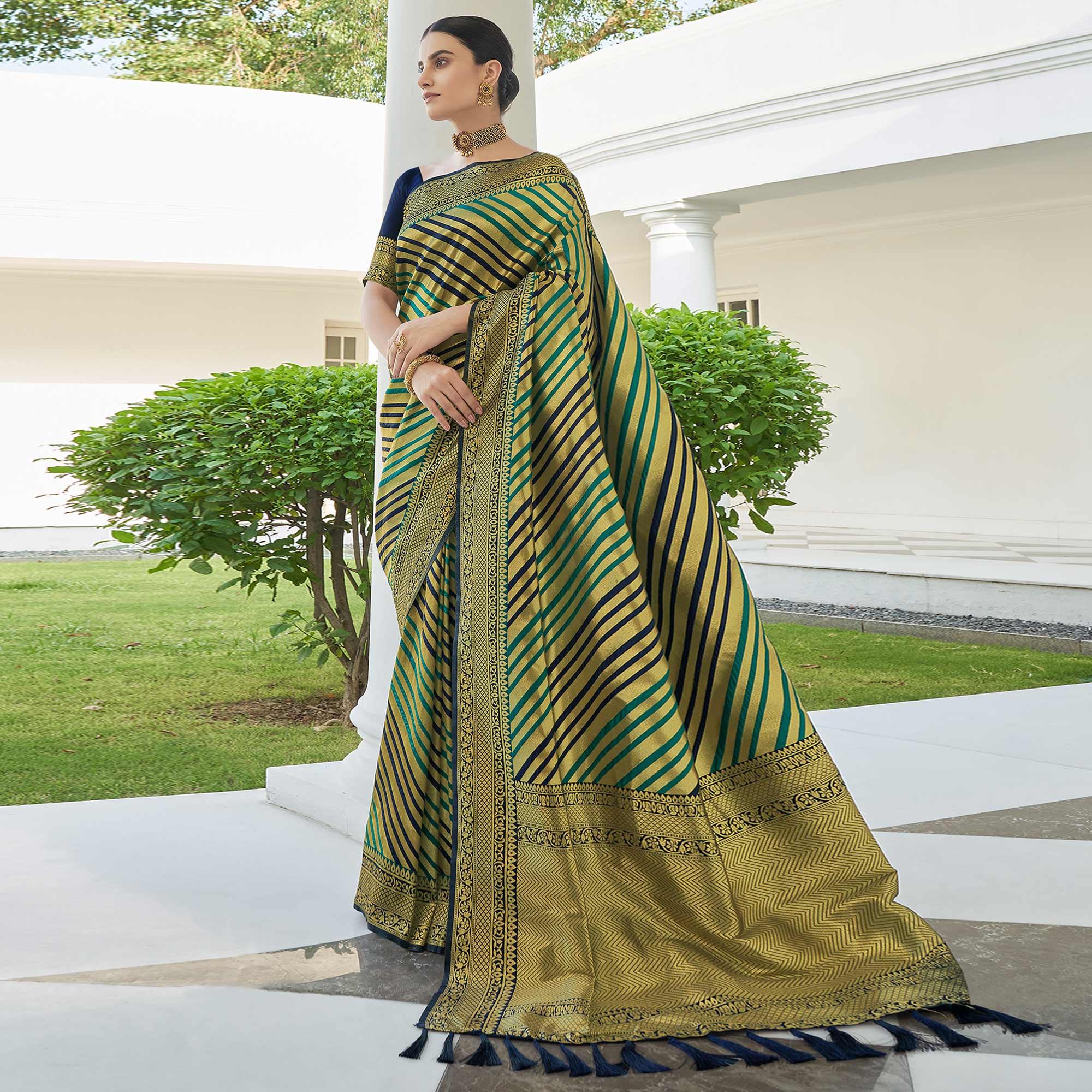 Green Stripe Printed Pure Silk Saree With Tassels - Peachmode