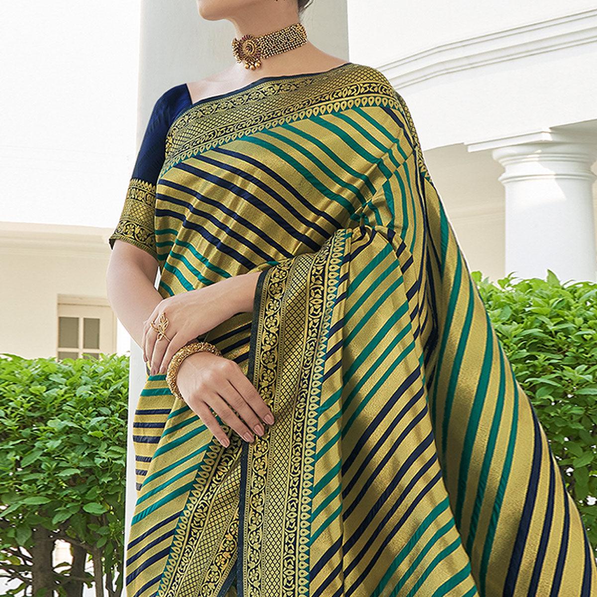 Green Stripe Printed Pure Silk Saree With Tassels - Peachmode