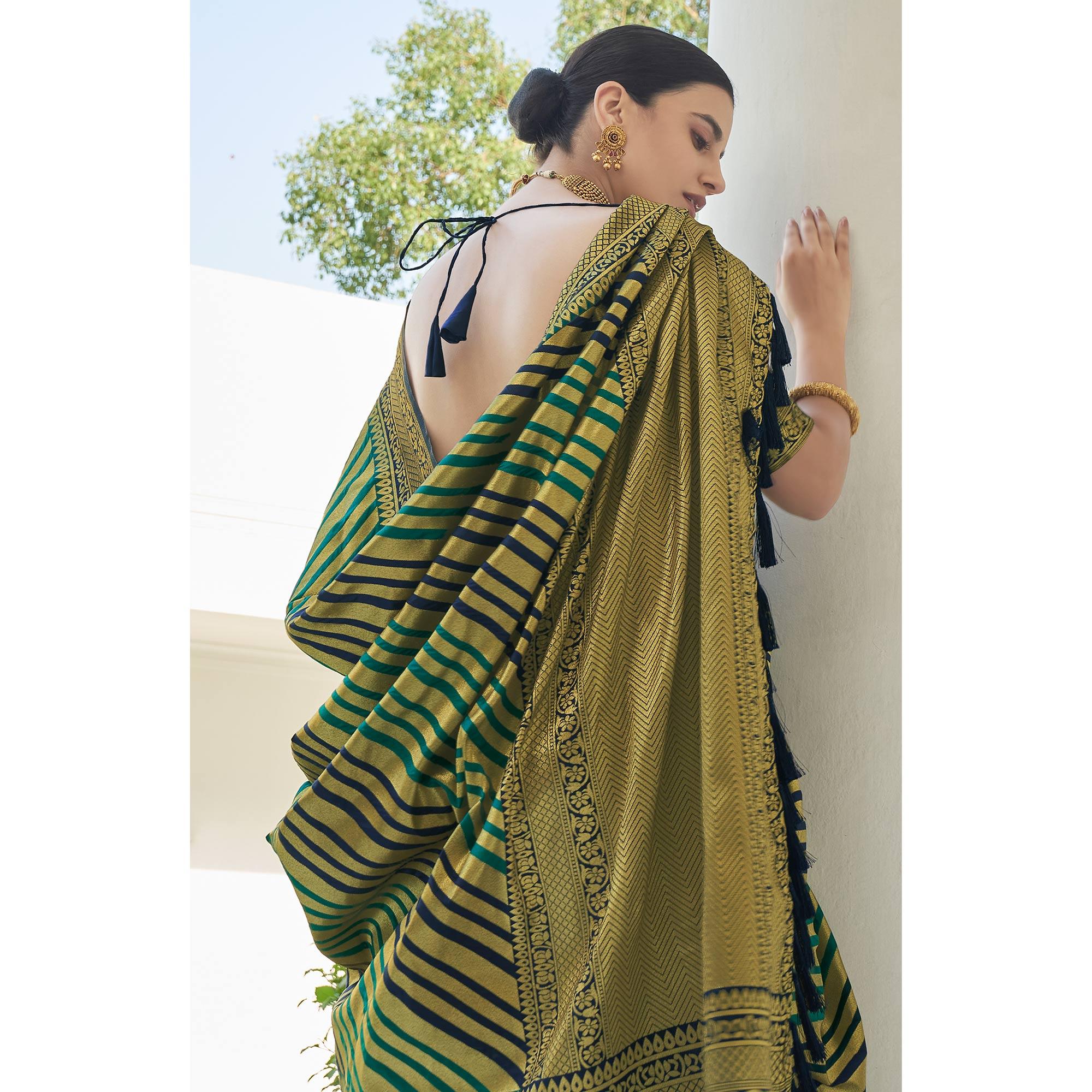 Green Stripe Printed Pure Silk Saree With Tassels - Peachmode