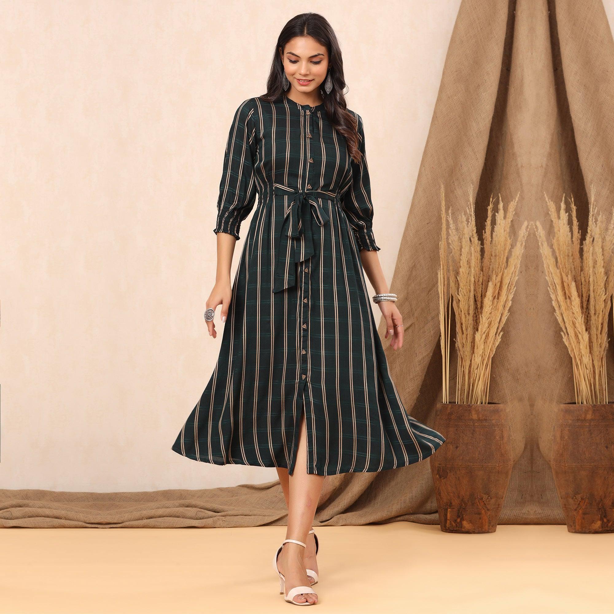 Green Stripe Printed Rayon Dress - Peachmode