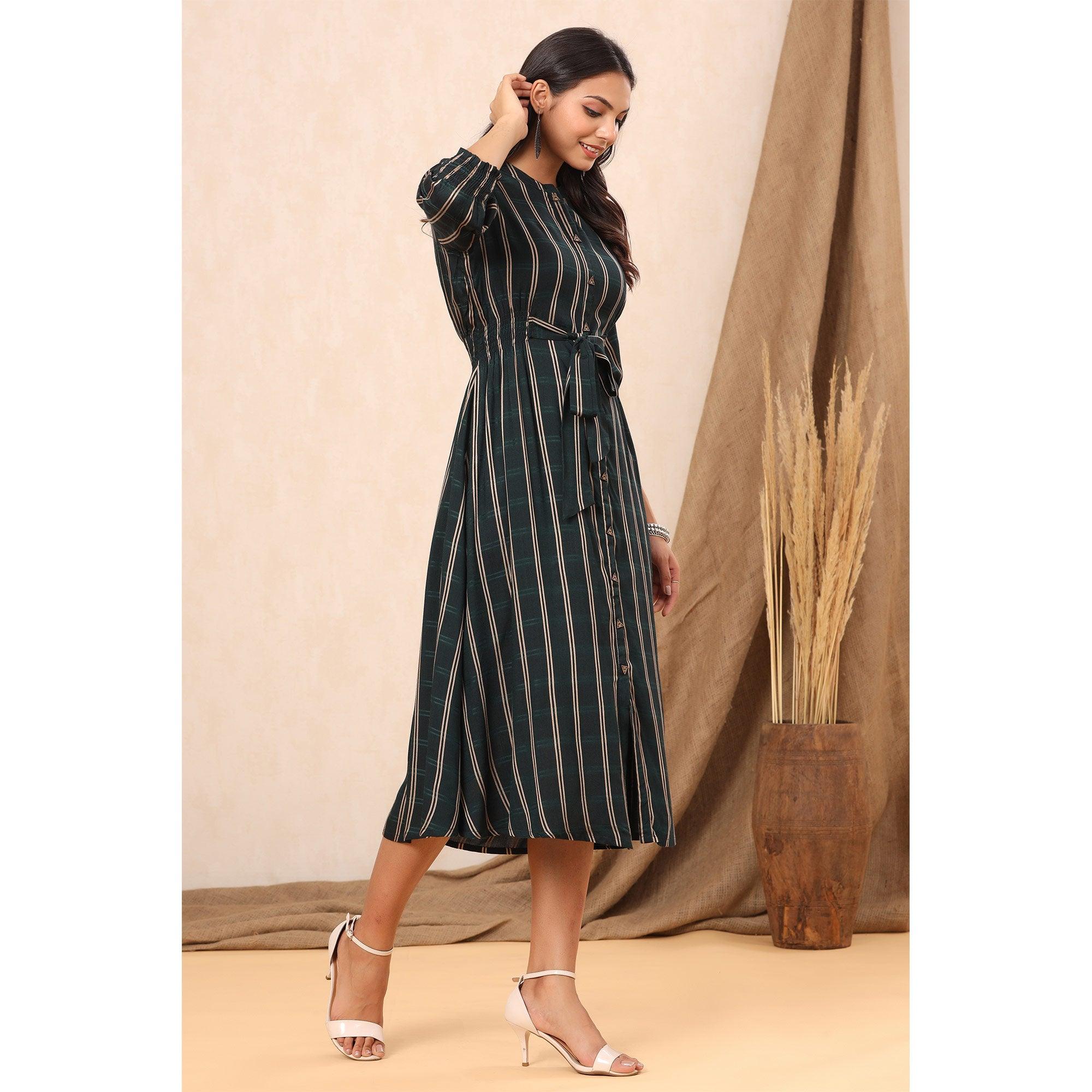 Green Stripe Printed Rayon Dress - Peachmode