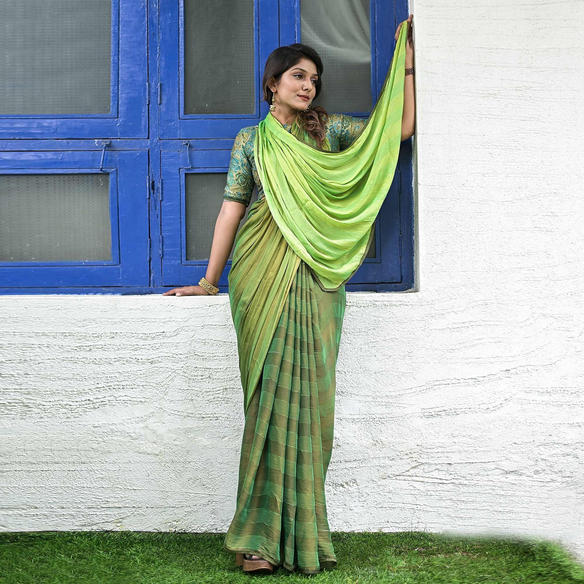 Green Stripe Printed Satin Saree - Peachmode