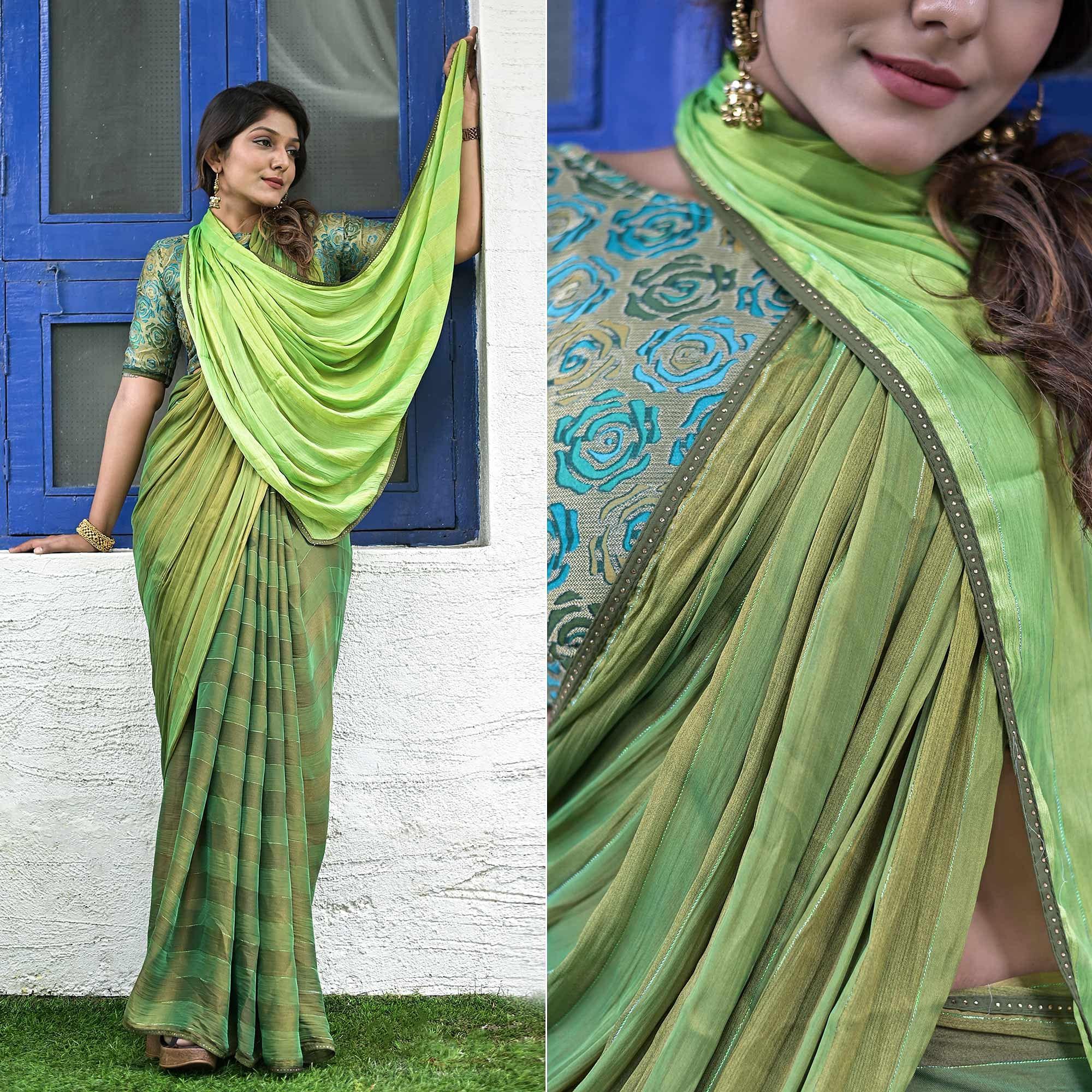 Green Stripe Printed Satin Saree - Peachmode