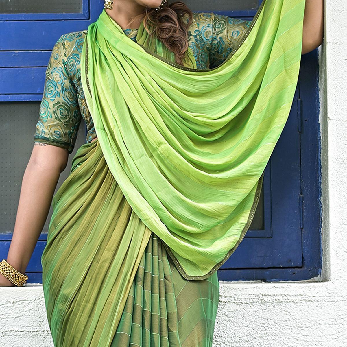 Green Stripe Printed Satin Saree - Peachmode