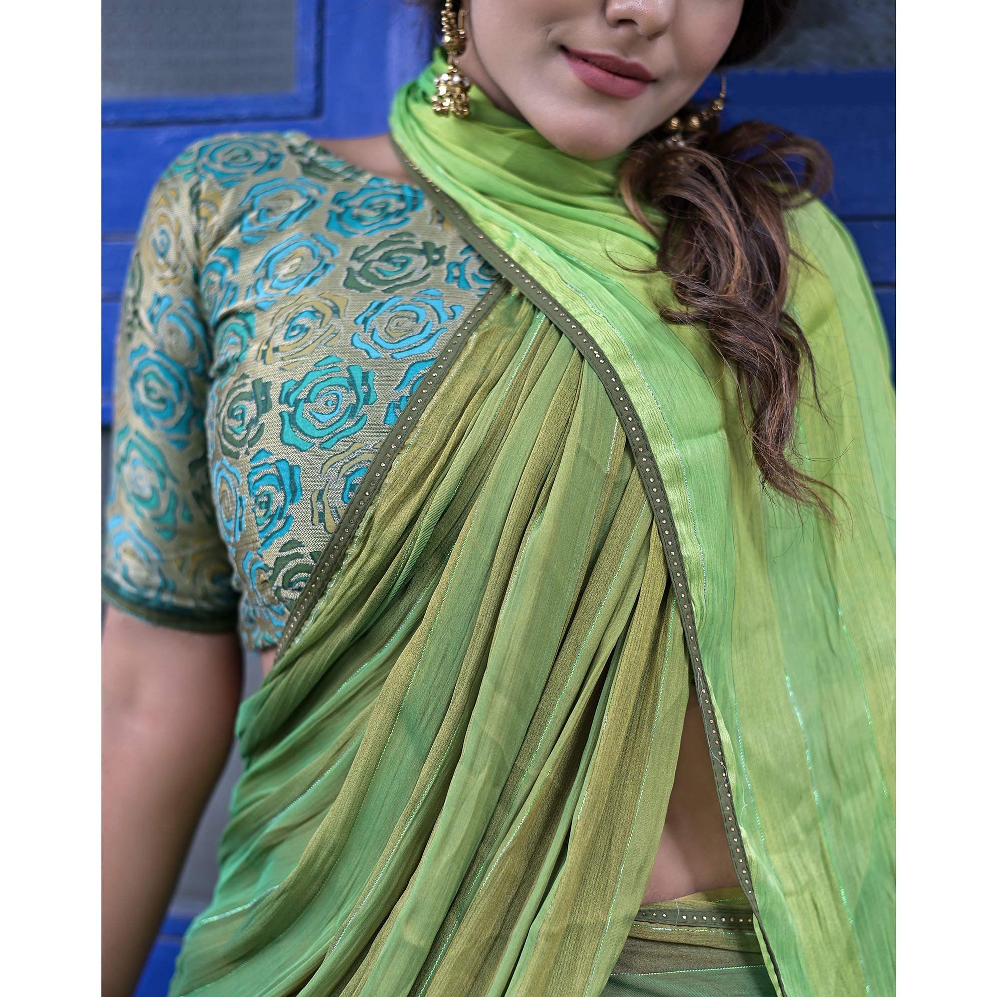 Green Stripe Printed Satin Saree - Peachmode