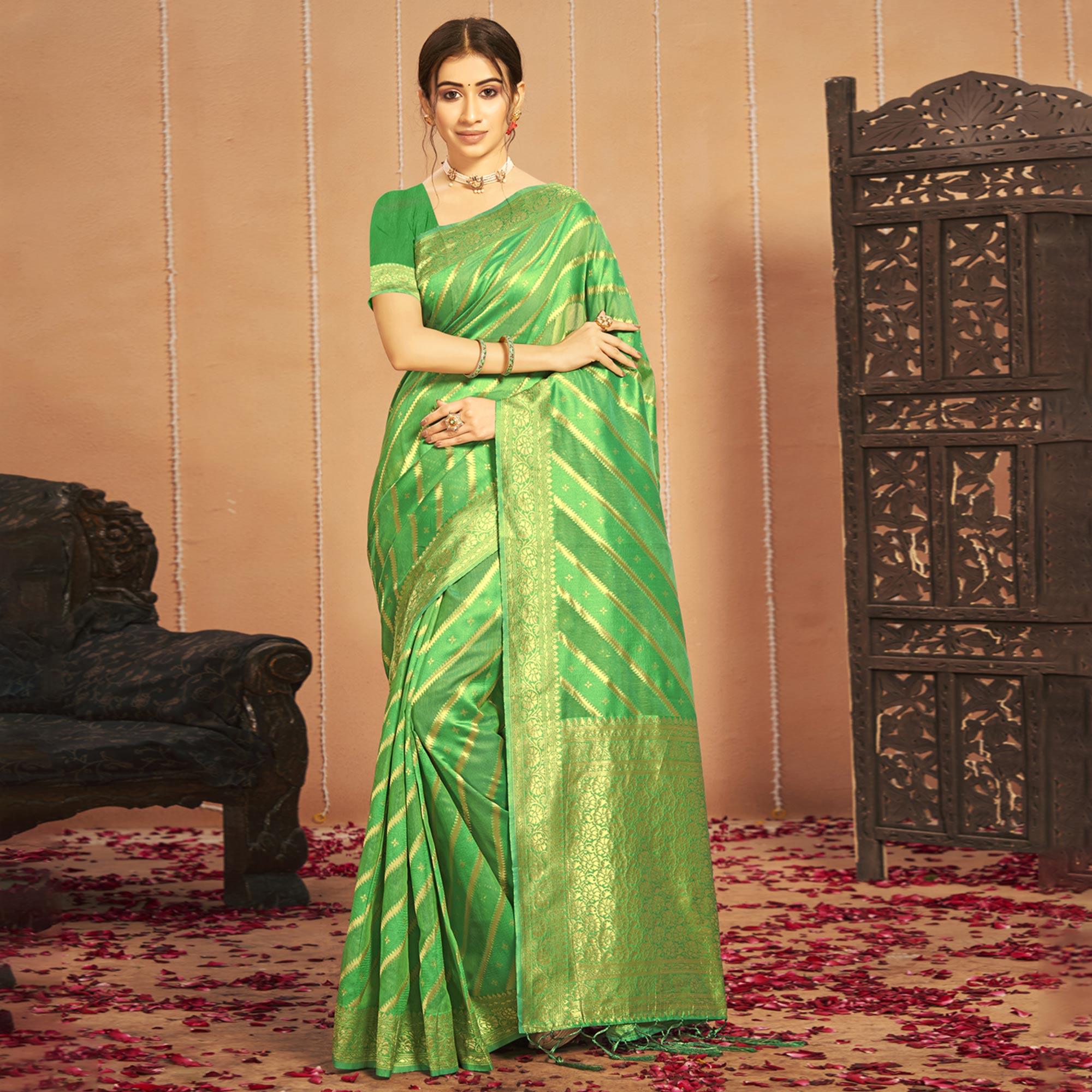 Green Stripe With Woven Art Silk Saree - Peachmode