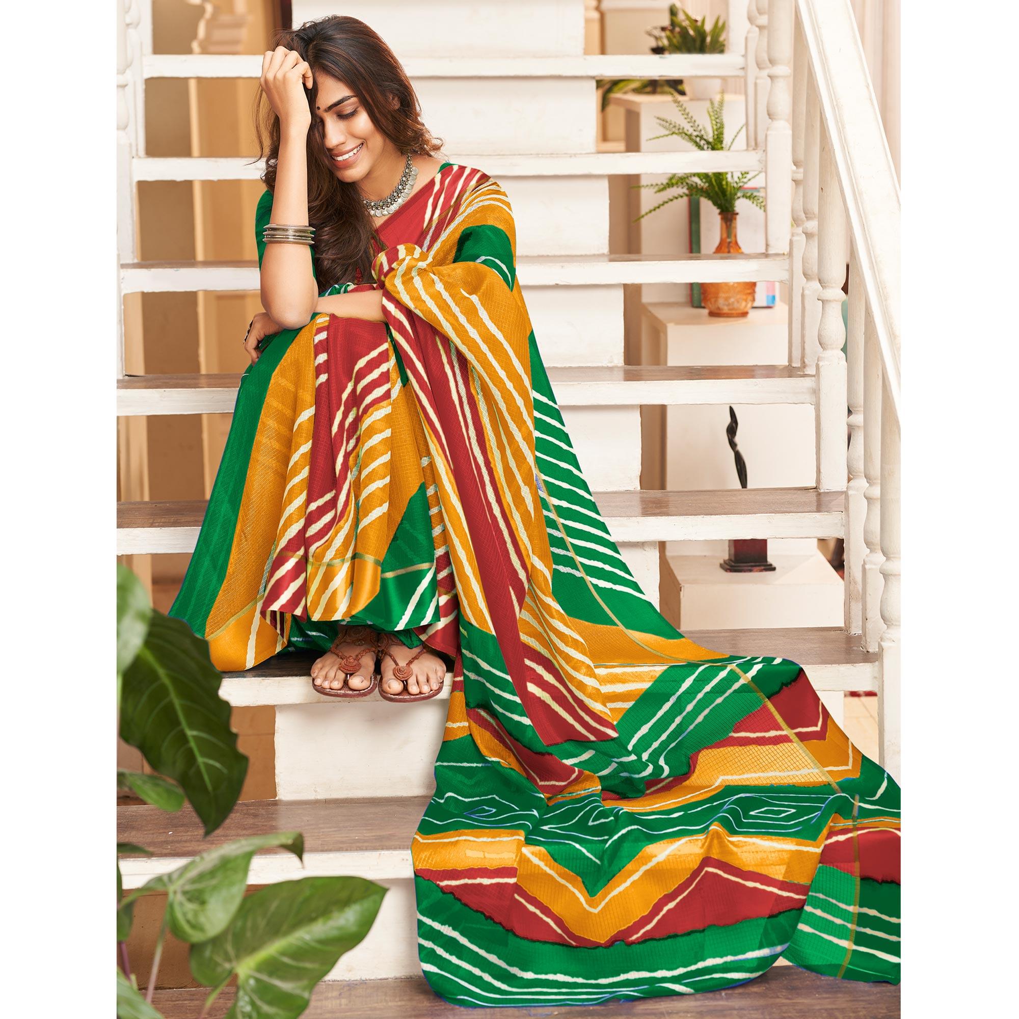 Green Striped Printed Art Silk Saree - Peachmode