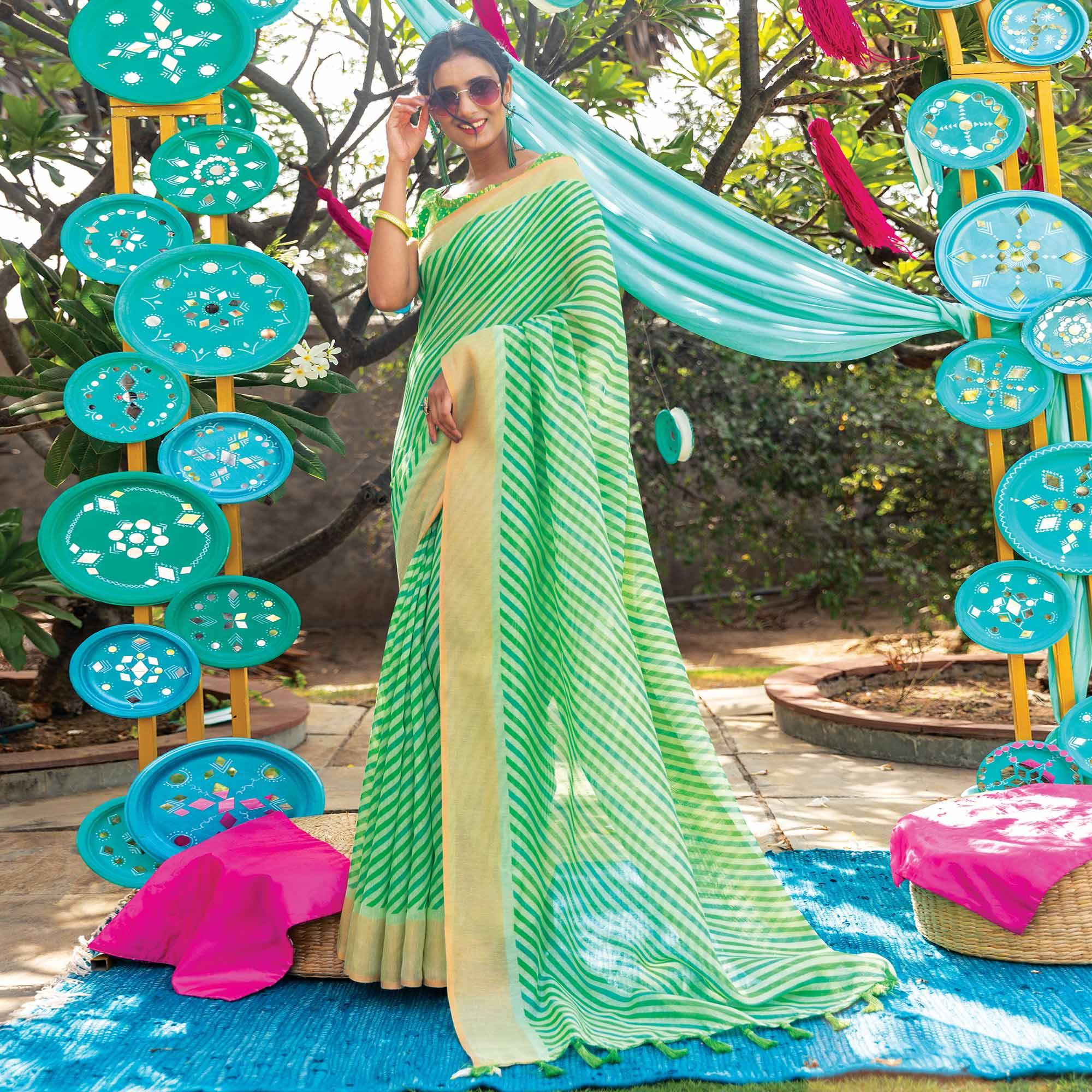 Green Striped Printed Cotton Saree With Tassels - Peachmode
