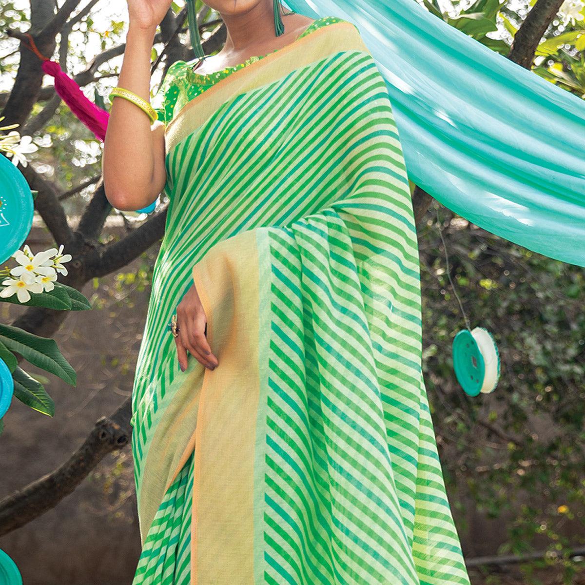 Green Striped Printed Cotton Saree With Tassels - Peachmode