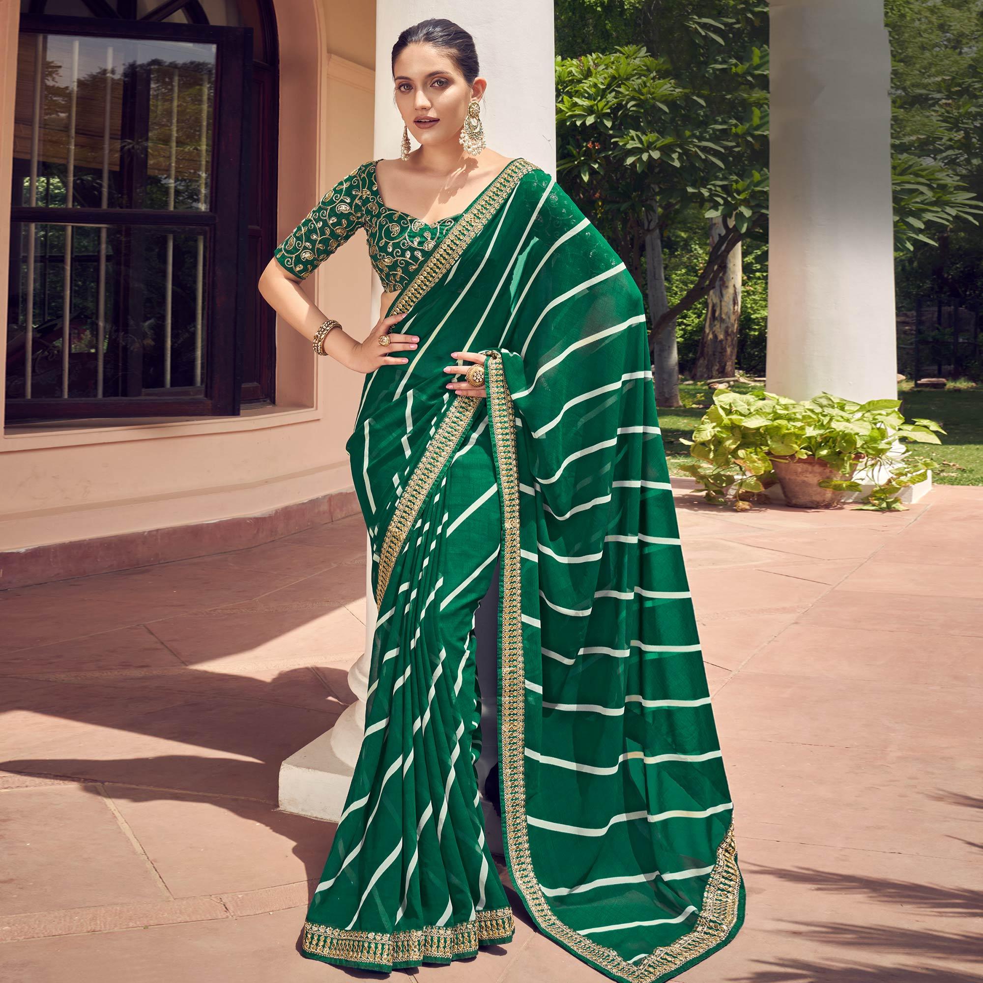 Green Striped Printed Georgette Saree - Peachmode