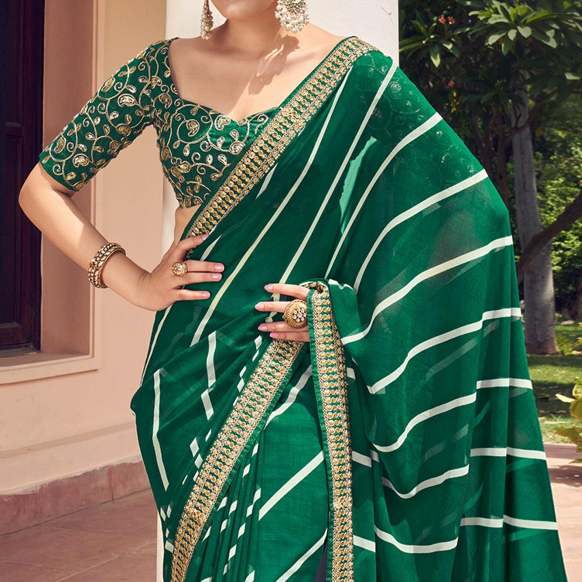 Green Striped Printed Georgette Saree - Peachmode