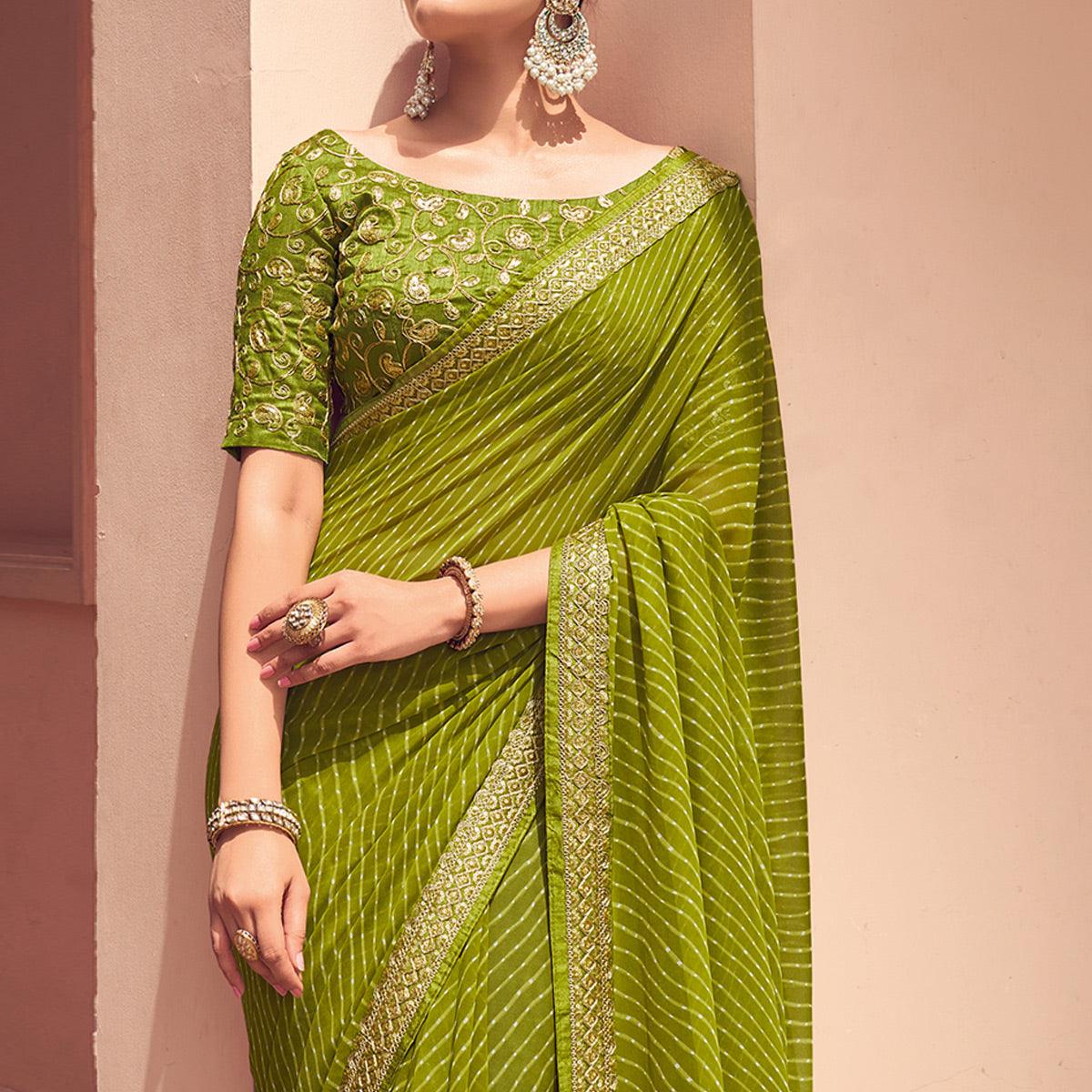 Green Striped Printed Georgette Saree - Peachmode