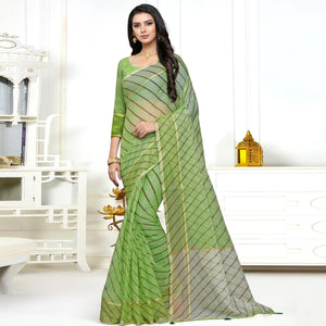 Green Striped Printed Kota Doria Saree With Tassels - Peachmode
