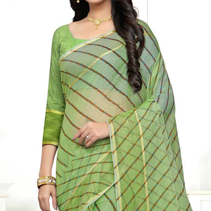 Green Striped Printed Kota Doria Saree With Tassels - Peachmode