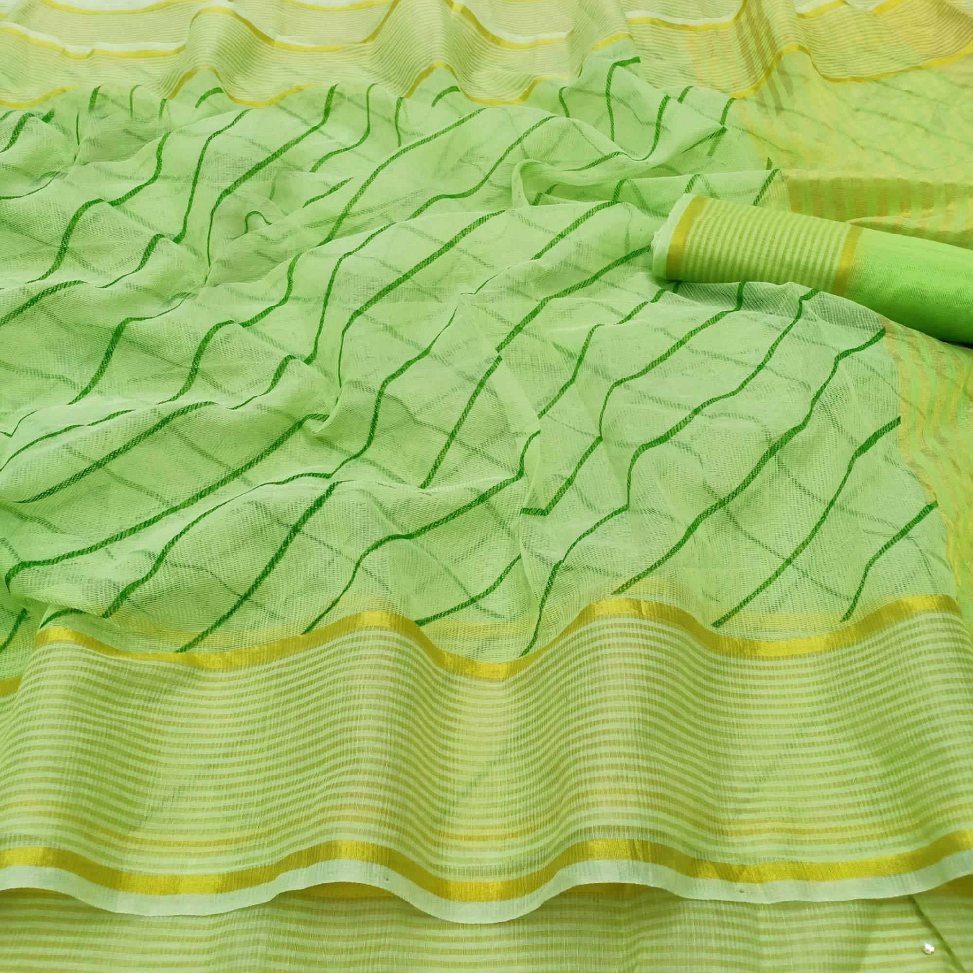 Green Striped Printed Kota Doria Saree With Tassels - Peachmode