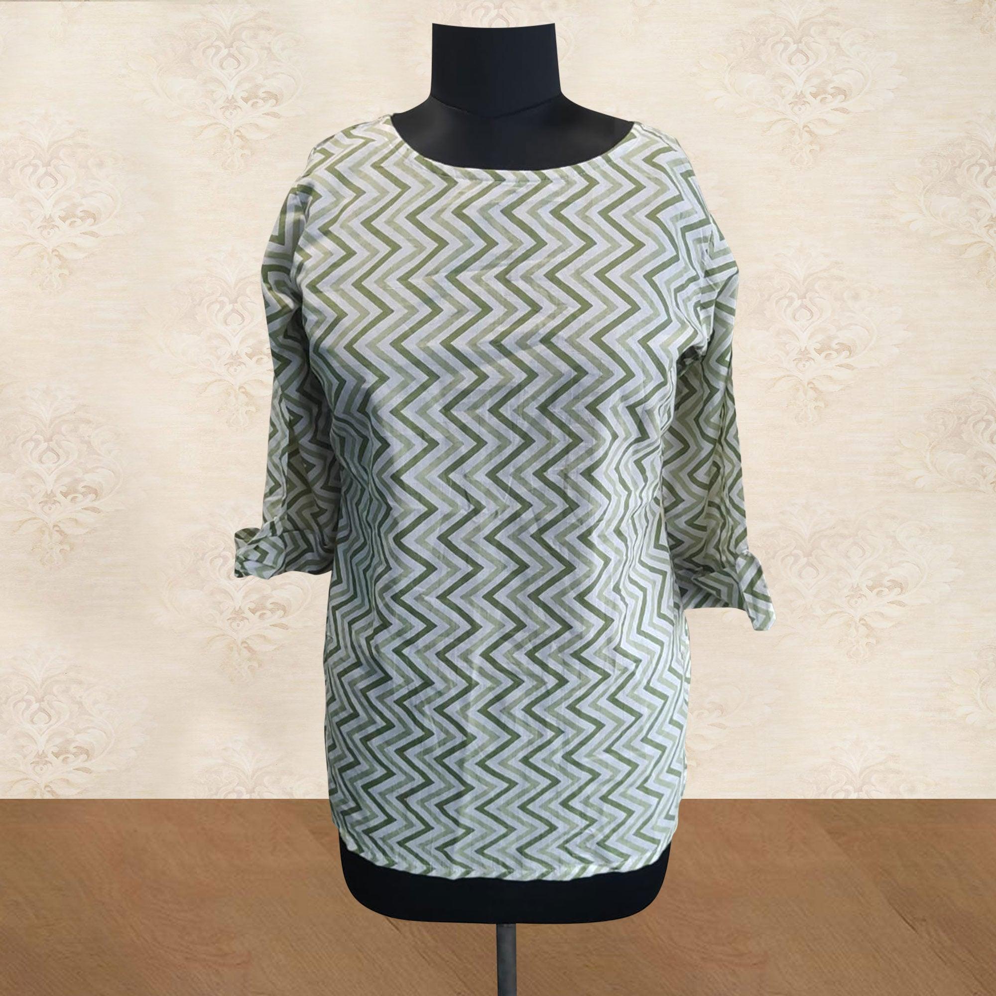 Green Striped Printed Poly Cotton Top - Peachmode