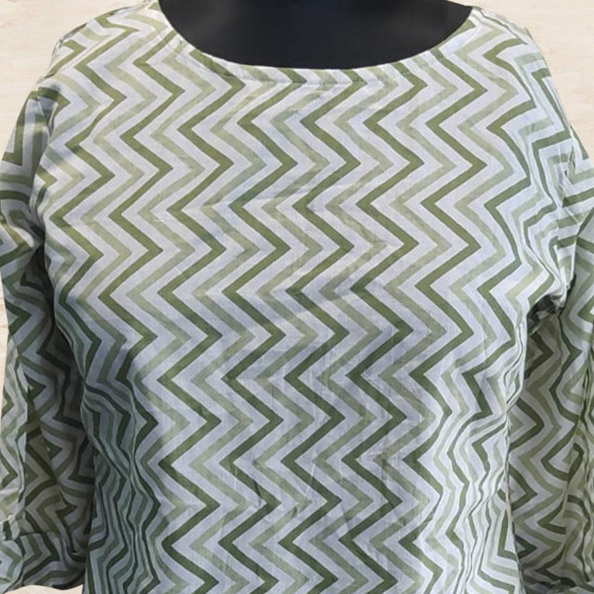 Green Striped Printed Poly Cotton Top - Peachmode