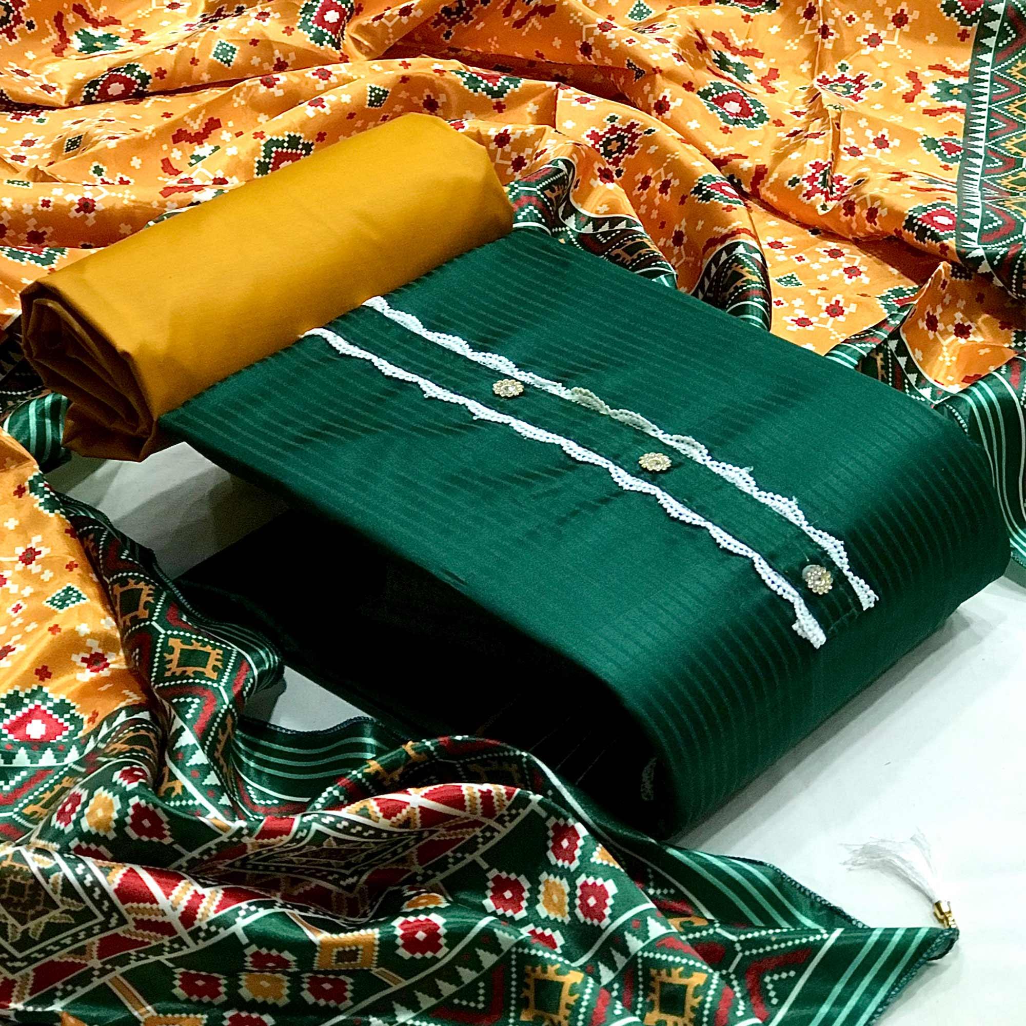 Green Striped Printed Satin Dress Material - Peachmode